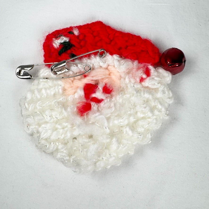 Vintage Crochet Santa Claus Brooch Pin Handmade Red Hat Jingle Bell Christmas