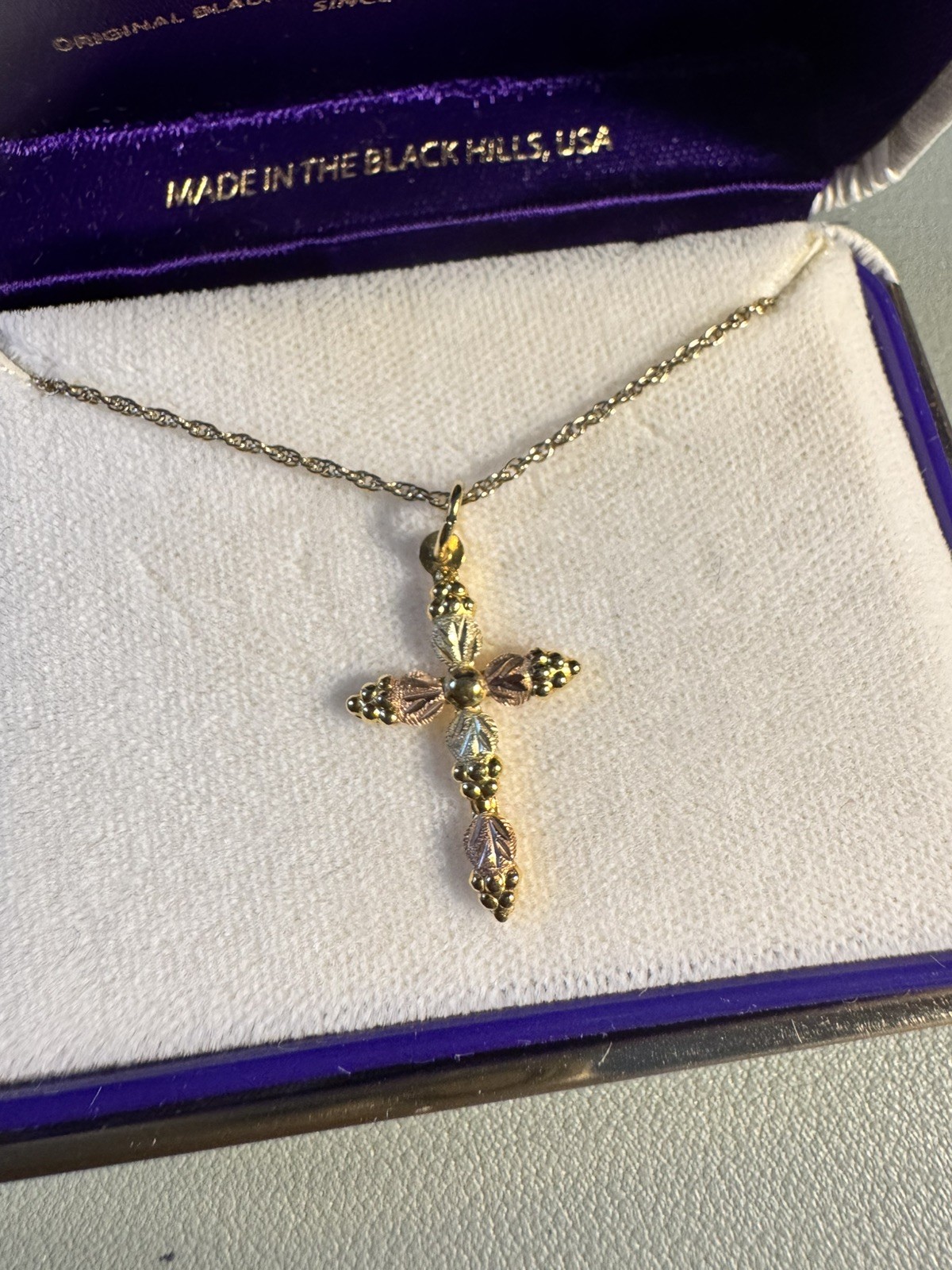 Real 10kt Tri-Color Black Hills Gold Cross Necklace; 18 inch