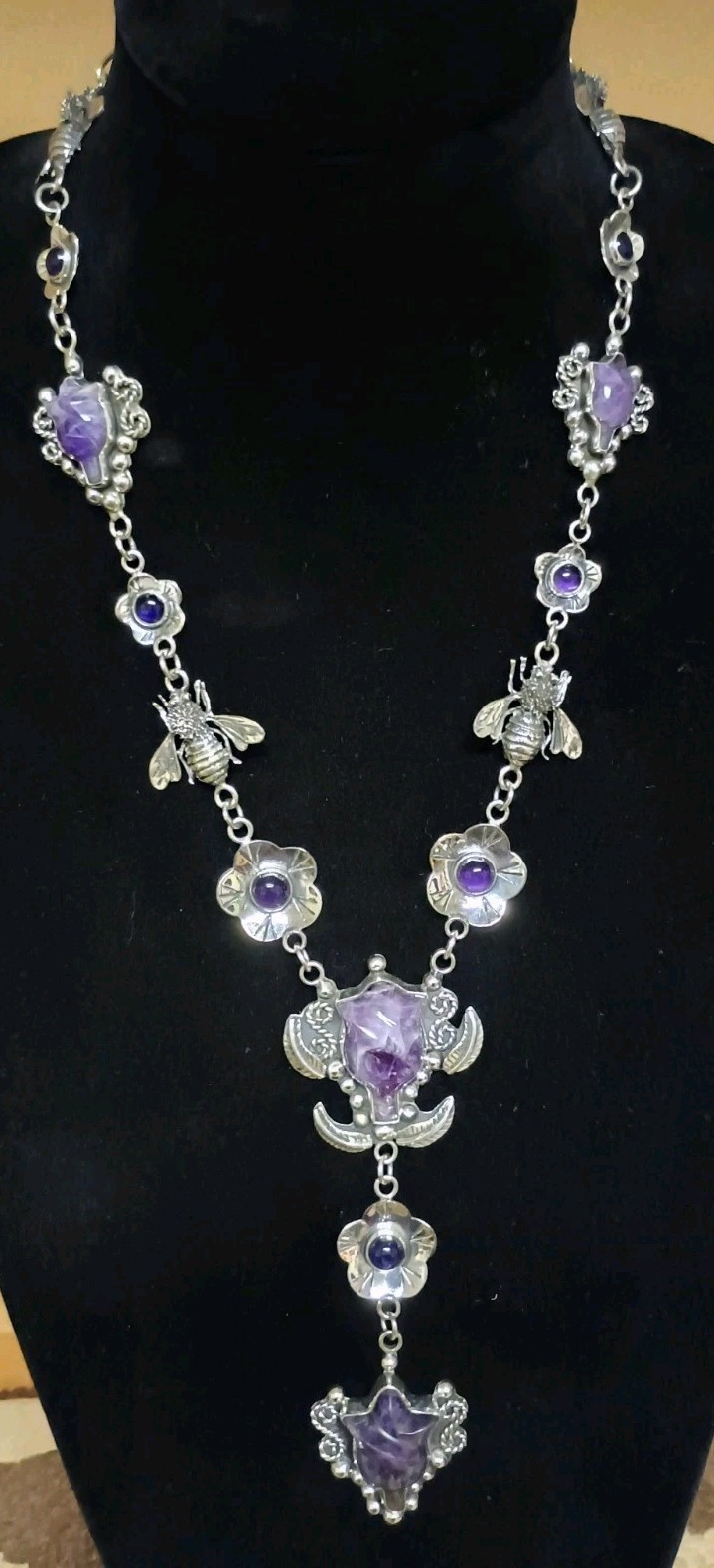 Classic Taxco Amethyst Tulips, Bees & Flowers 925 Sterling Silver Necklace 108+g