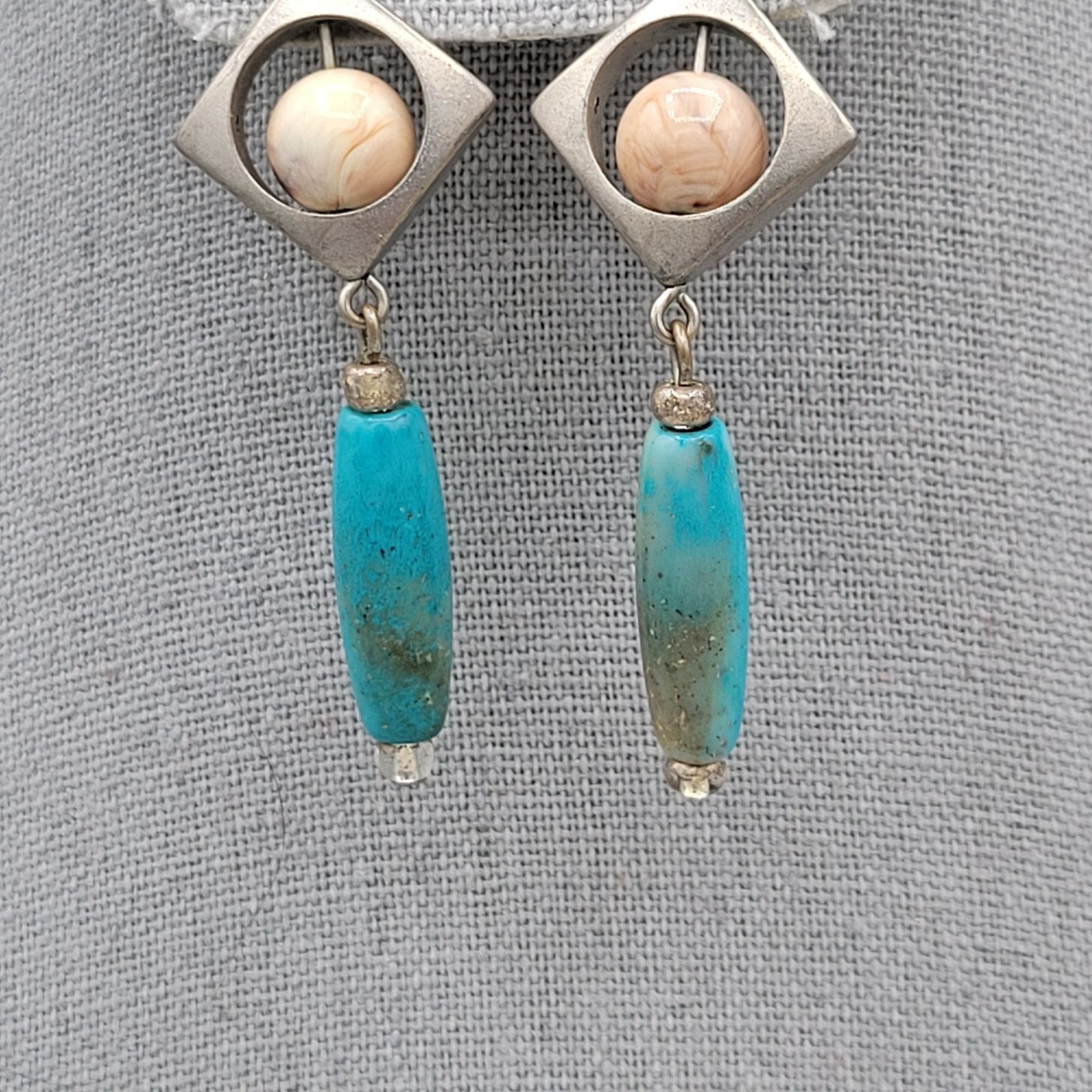 Silver Tone Drop Stud Earrings Blue Dyed Howlite Bead Dangle Geometric Style