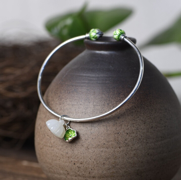 I05 Bangle Lotus Flower Leaf Bud Bright Jade Silver 925