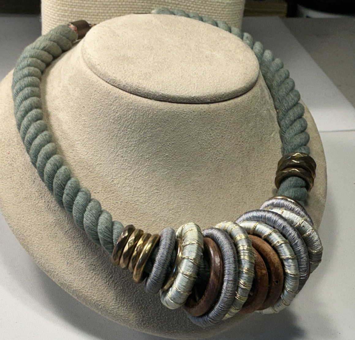 Fashion Necklace Dusty Blue Twist Rope Silk Wrap Coconut Rings INdia? Lot 82C