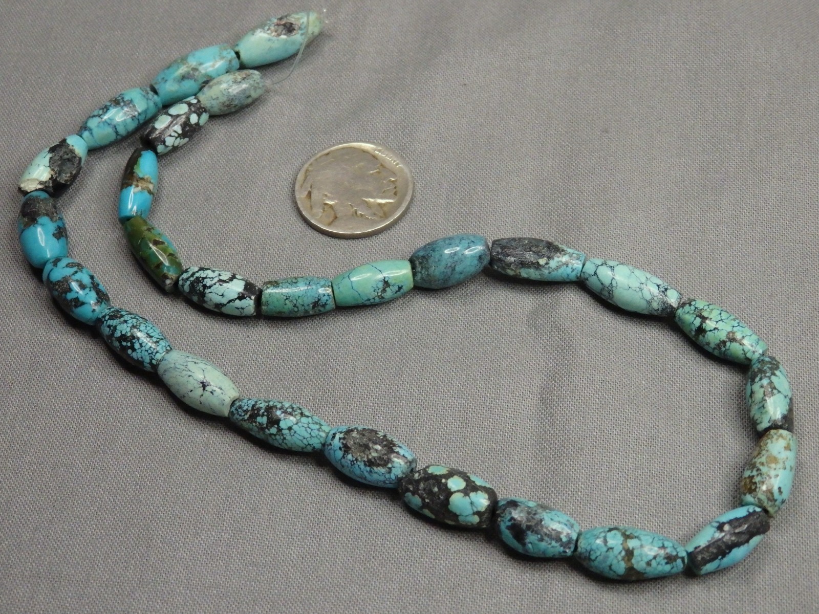 Vintage HUBEI TURQUOISE 12-16mm Long Rice Beads 15.5″ strand 150cts