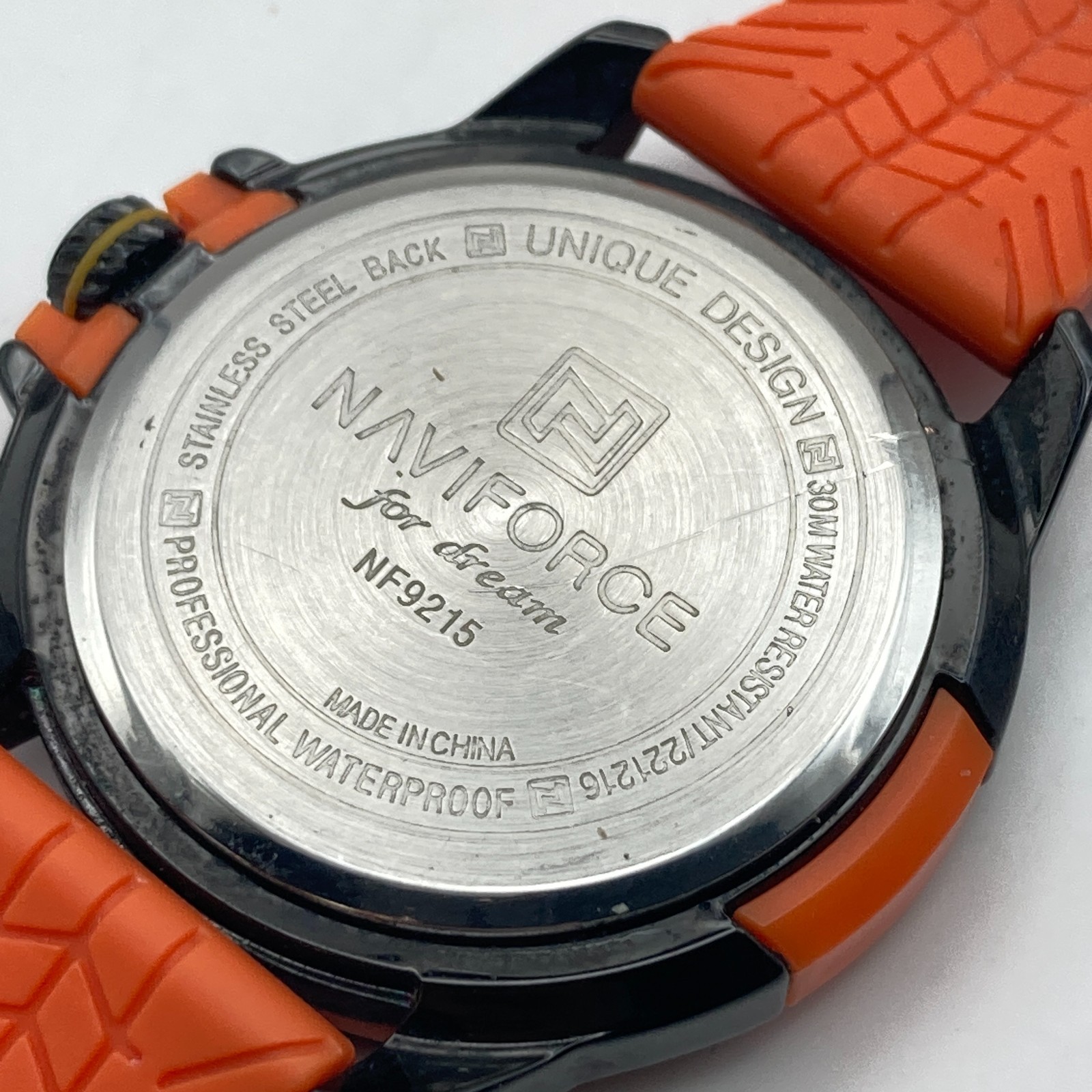 Naviforce Men’s Watch 43mm Black Orange Day Date 30M WR New Battery 9.5″