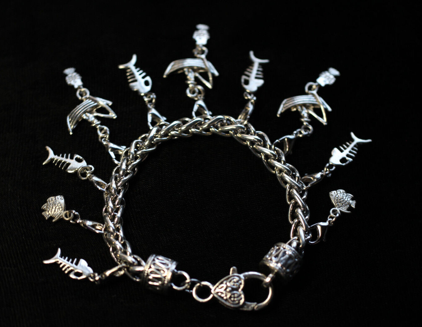 Fishing Theme Charm Bracelet Silver Pewter Charms 8″ Interchangeable Fisherman