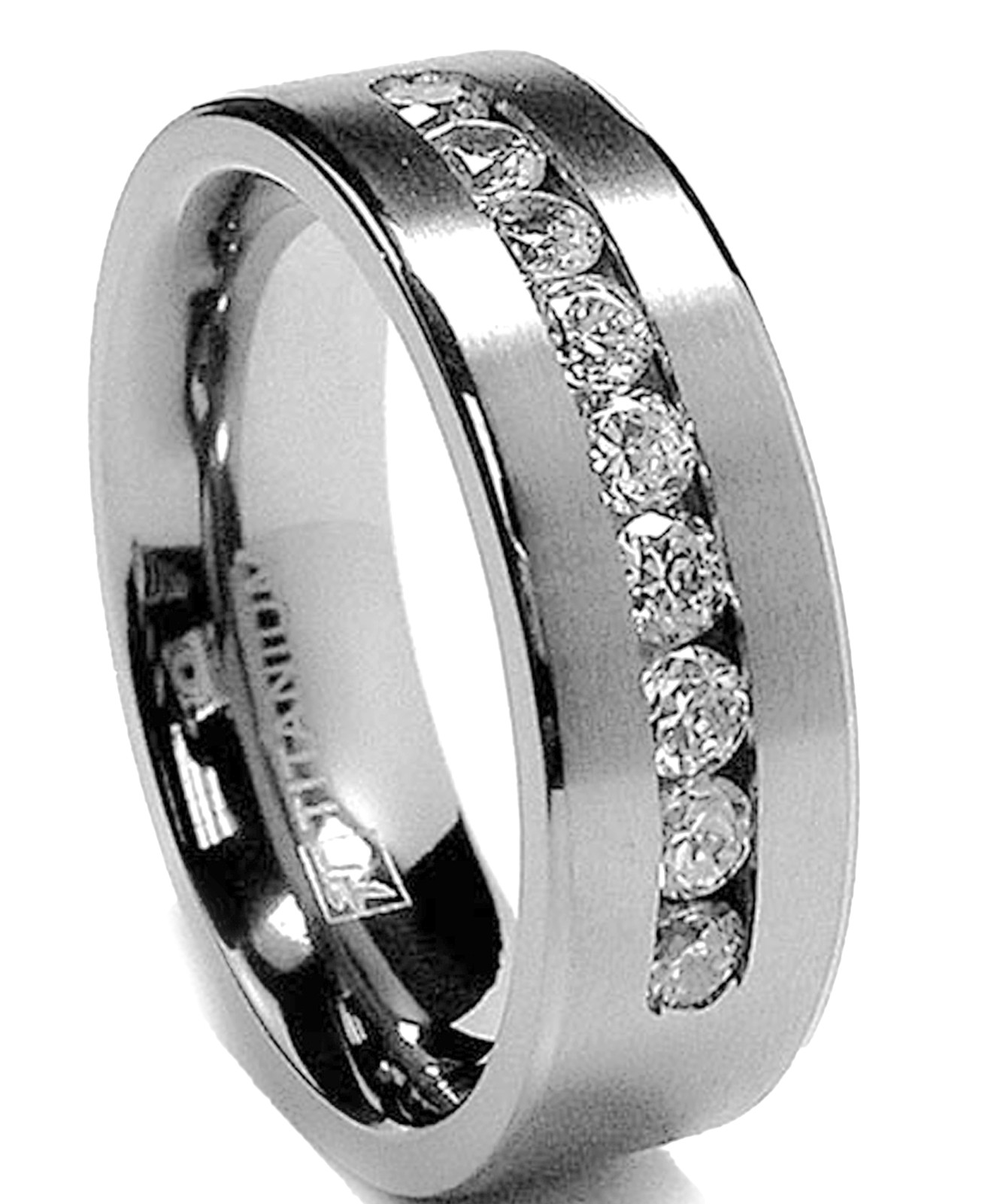 8 MM Men’s Titanium ring wedding band with 9 large Channel Set Cubic Zirconia