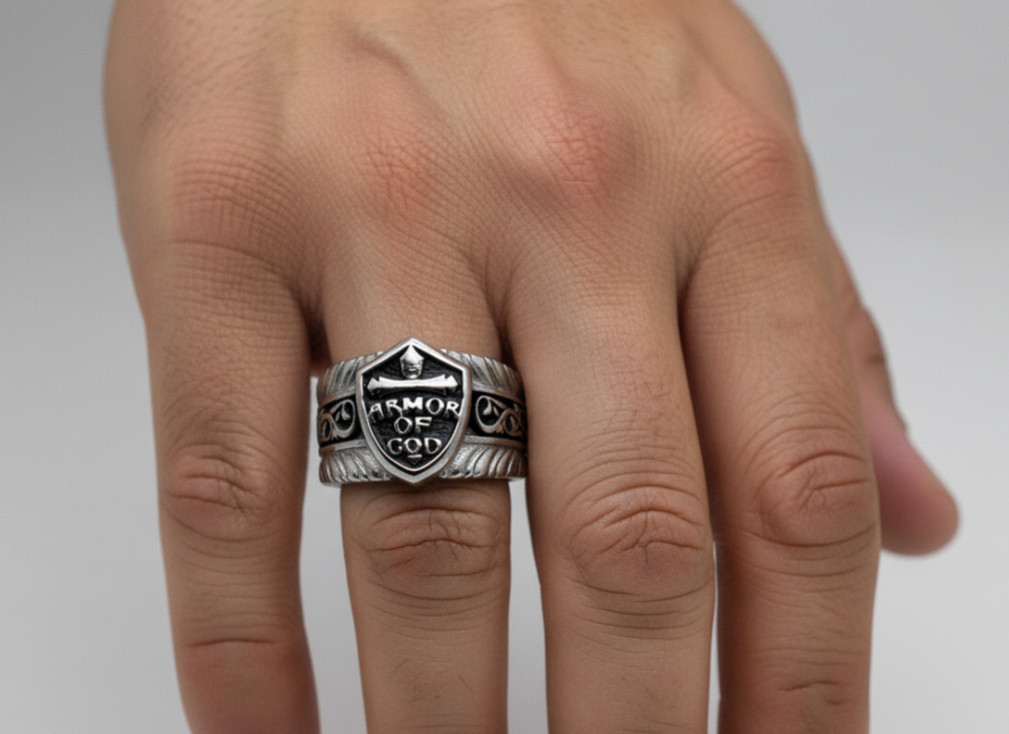 Stainless Steel Men’s Armor of God Religious Biker Ring 154