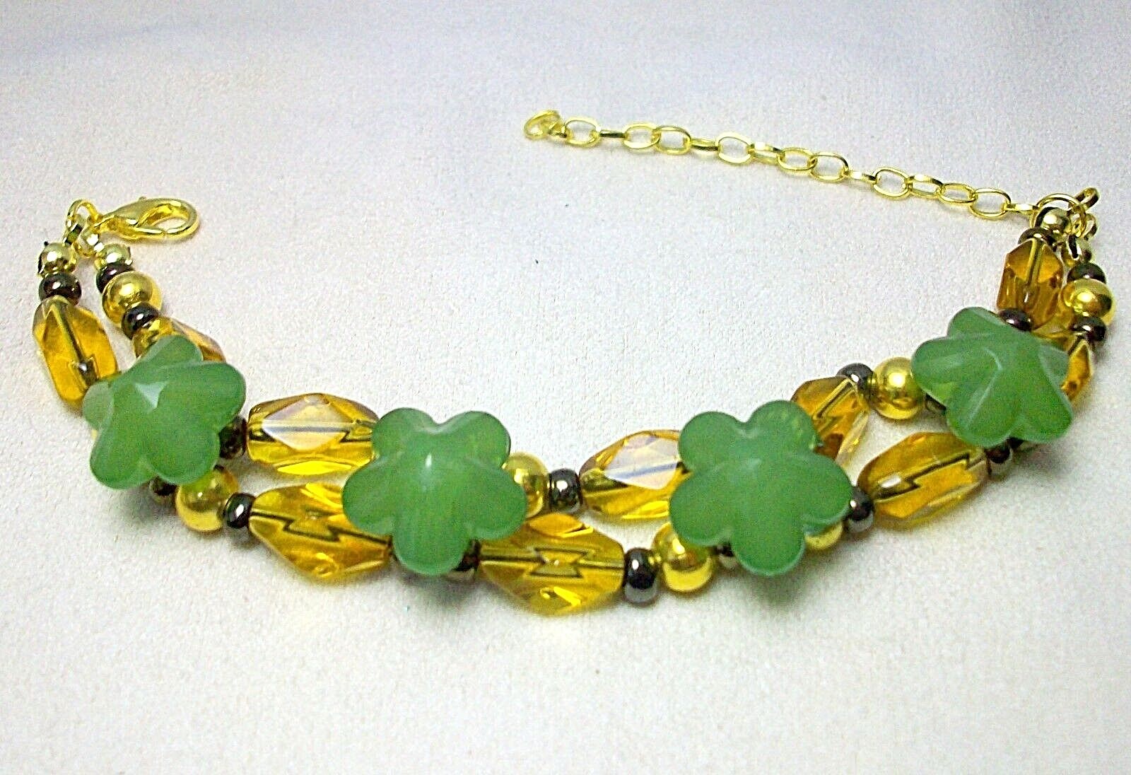 NEW GREEN GOLD BROWN FLOWERS BEADS BRACELET LENGTH 7.5 – 9.5 INCHES