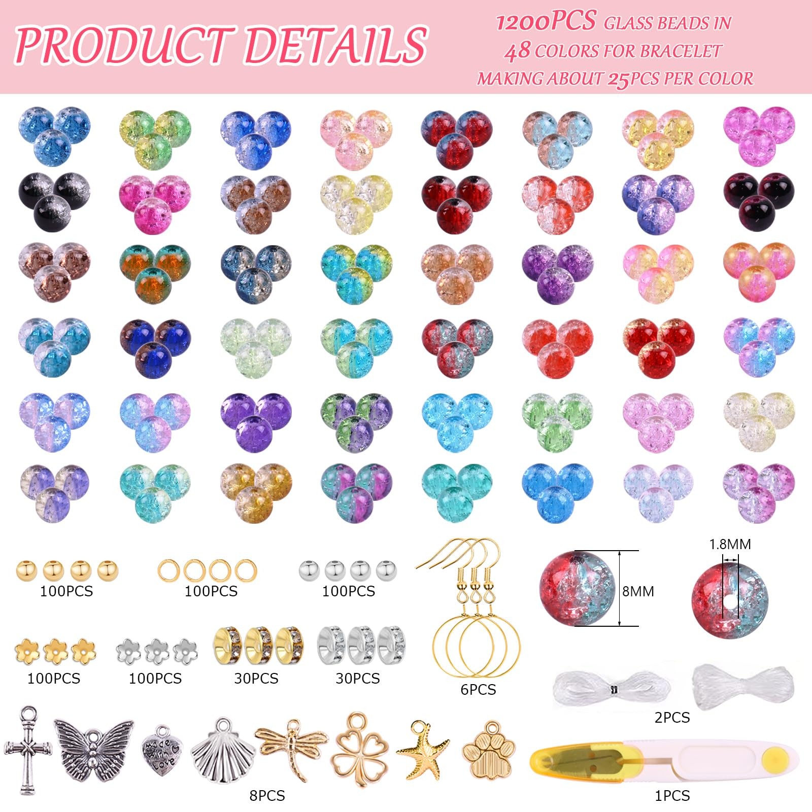 1800PCS 8mm Crackle Glass Beads Bracelet Making Kit, 48 Colors 8mm, crackle