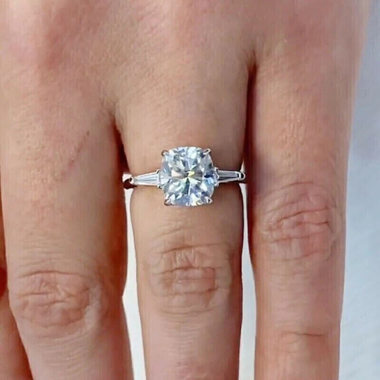 Moissanite Cushion Cut Three-Stone Women’s Engagement Ring 14K White Gold Plated