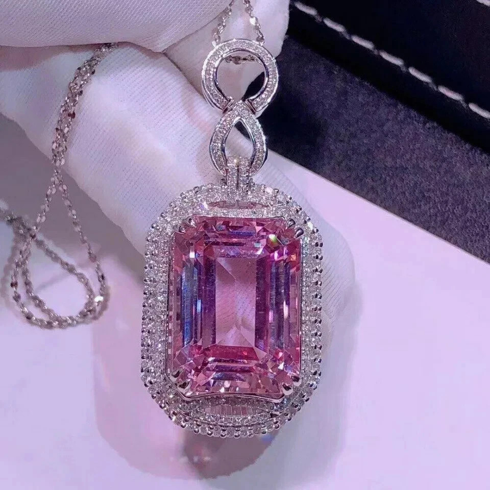 3Ct Emerald Cut Simulated Pink Sapphire Halo Pendant Chain 14k White Gold Plated