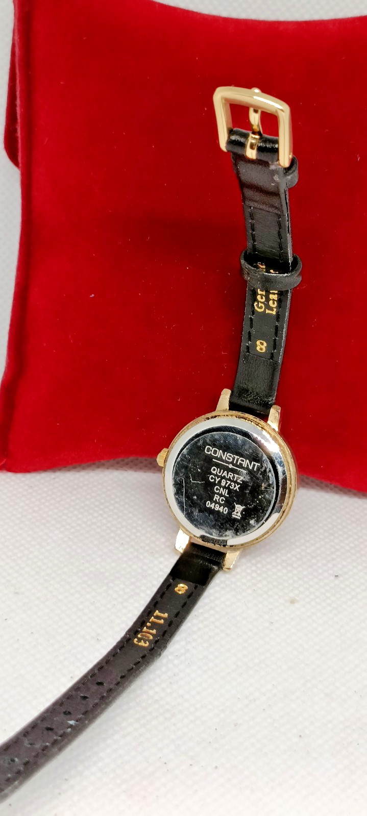 CONSTANT Women’s Gold Tone Black Leather Strap Quartz Watch – Working