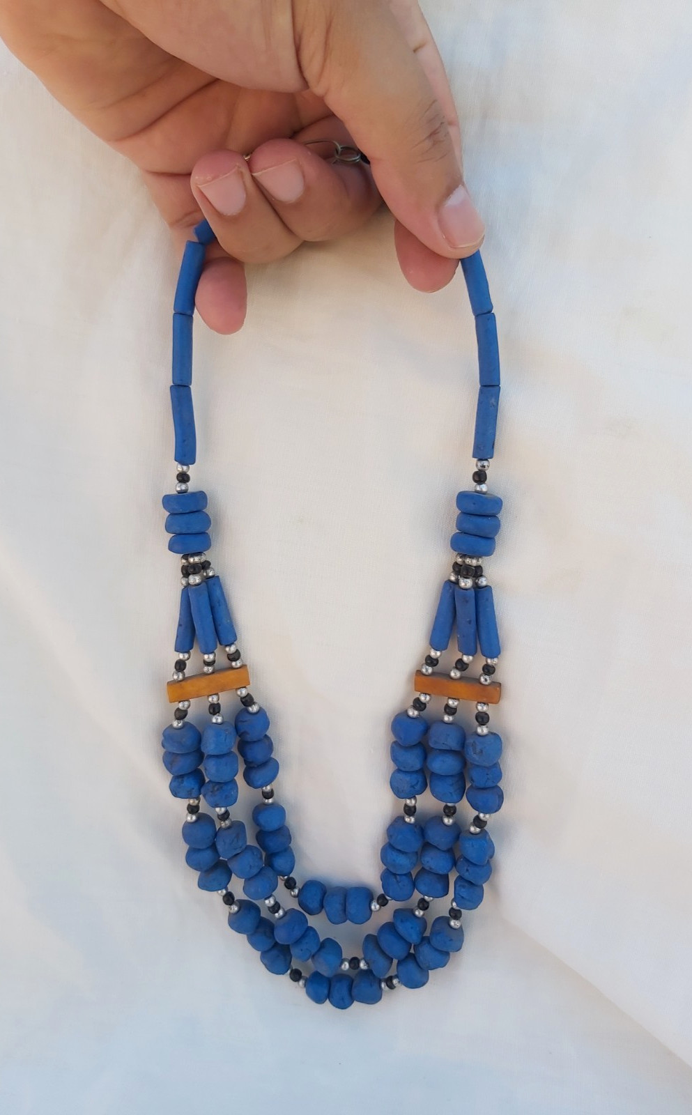 Vintage African Powder Glass Bead Necklace Multi Strand Cobalt Blue Statement Tr