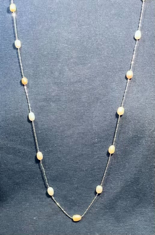 Natural Baroque White & Cream Pearl Necklace Chain Station Flapper Dainty 47″L