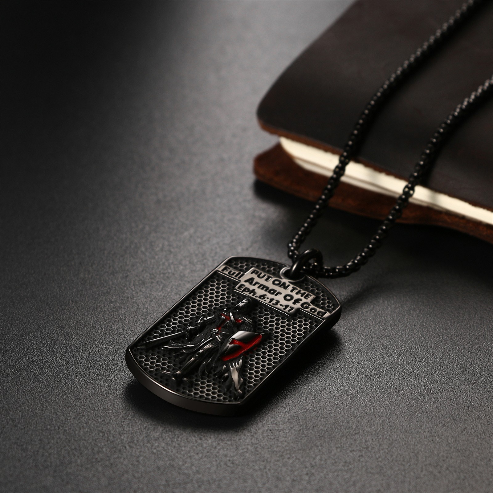 Men’s Knight Templar Armor of God Necklace Ephesians 6:13-17 Red Cross Pendant
