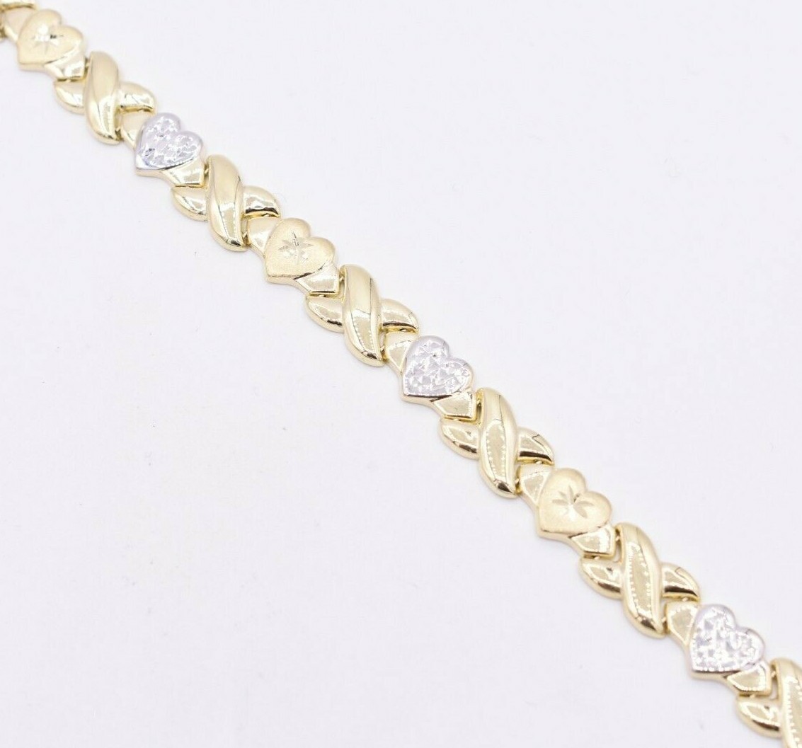 7.25″ Diamond Cut Hearts and Kisses Stampato Bracelet Real 10K Yellow White Gold