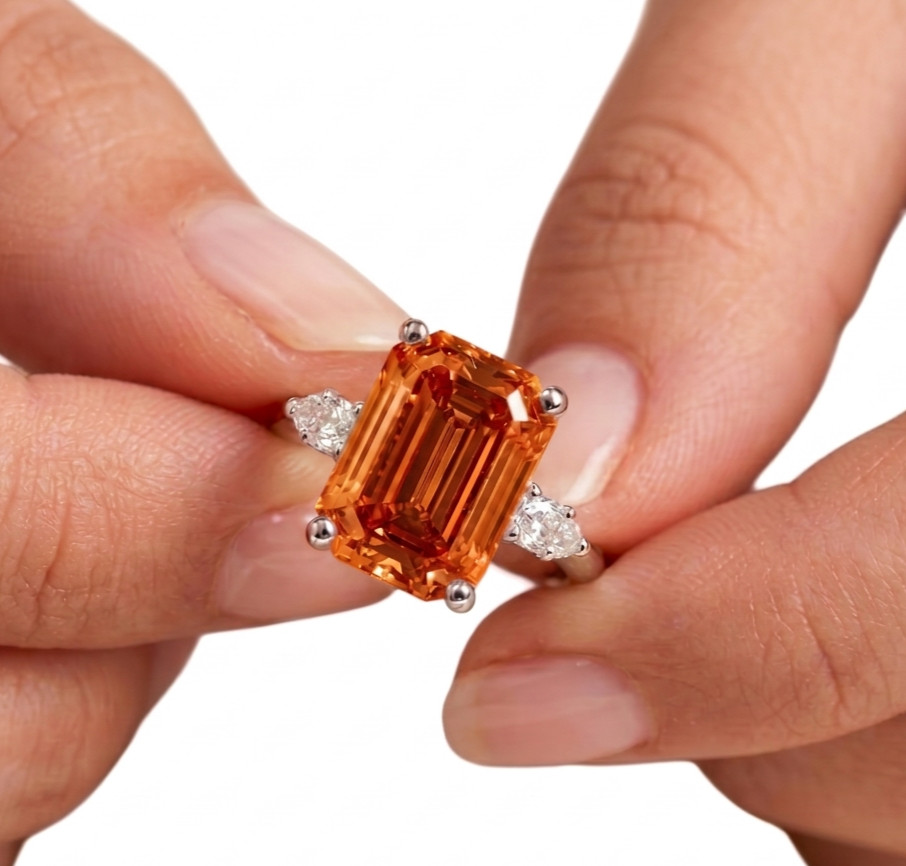 RARE 8.00 Ct Certified Emerald Cut Orange Natural Diamond Ring White Gold Finish