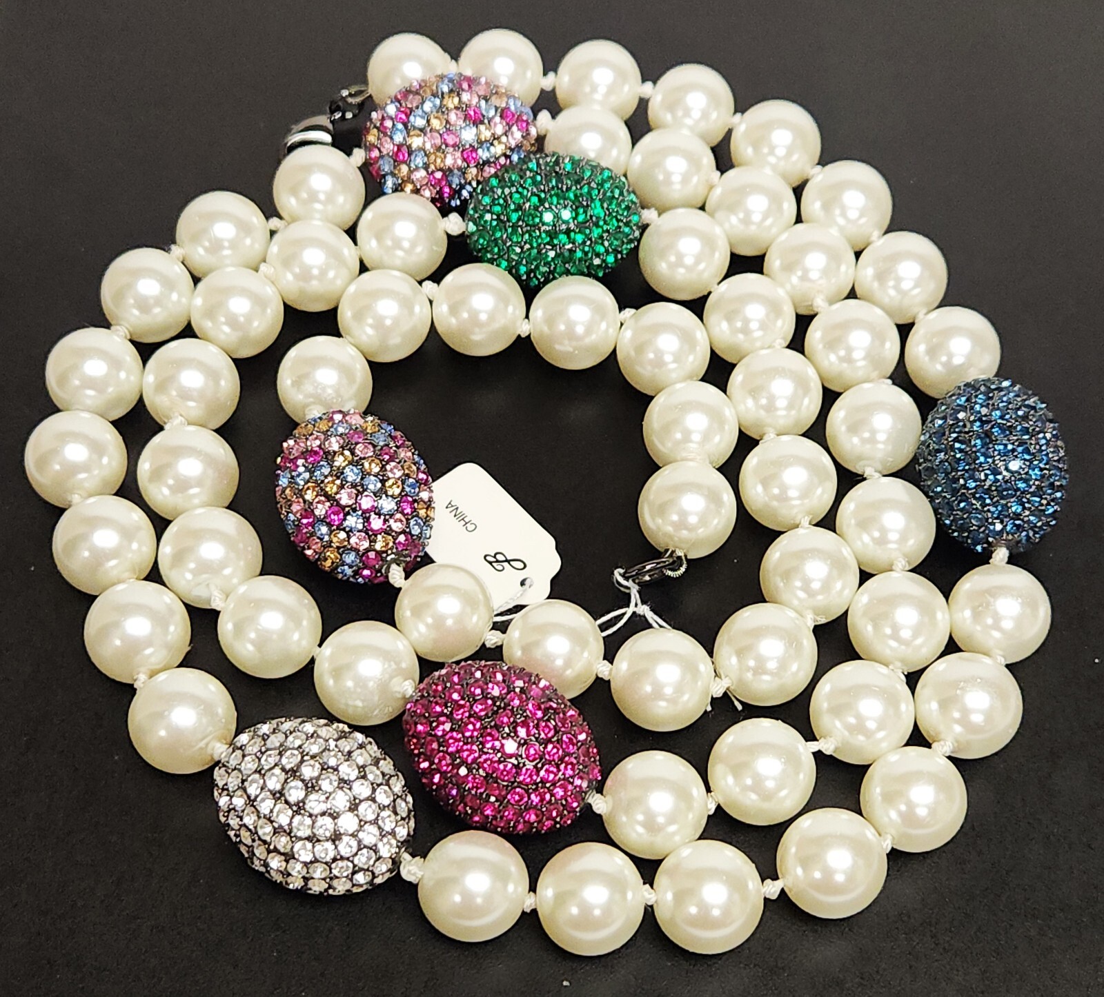 NWT Joan Boyce Faux Pearl Egg Shape Pave Set Rhinestone Spacer Long Necklace 44″