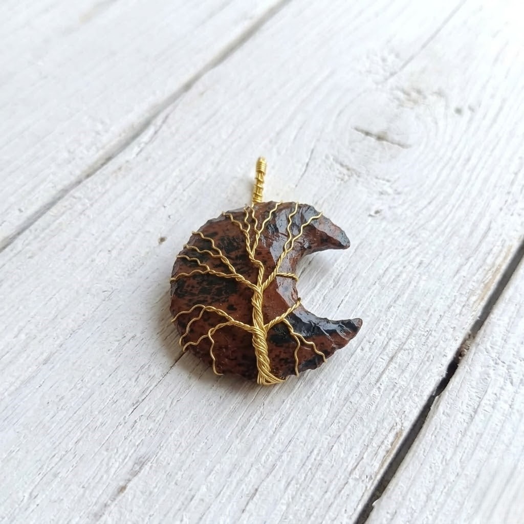 Crescent Moon Jasper Pendant 40-45Ct | Tree of Life Gold Wire Wrap Necklace