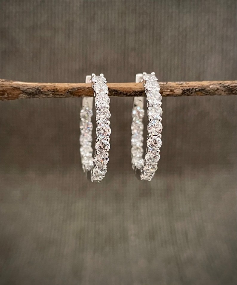 Round Natural Outside & Inside Diamond Mother’s Day Hoop Earrings 14k White Gold