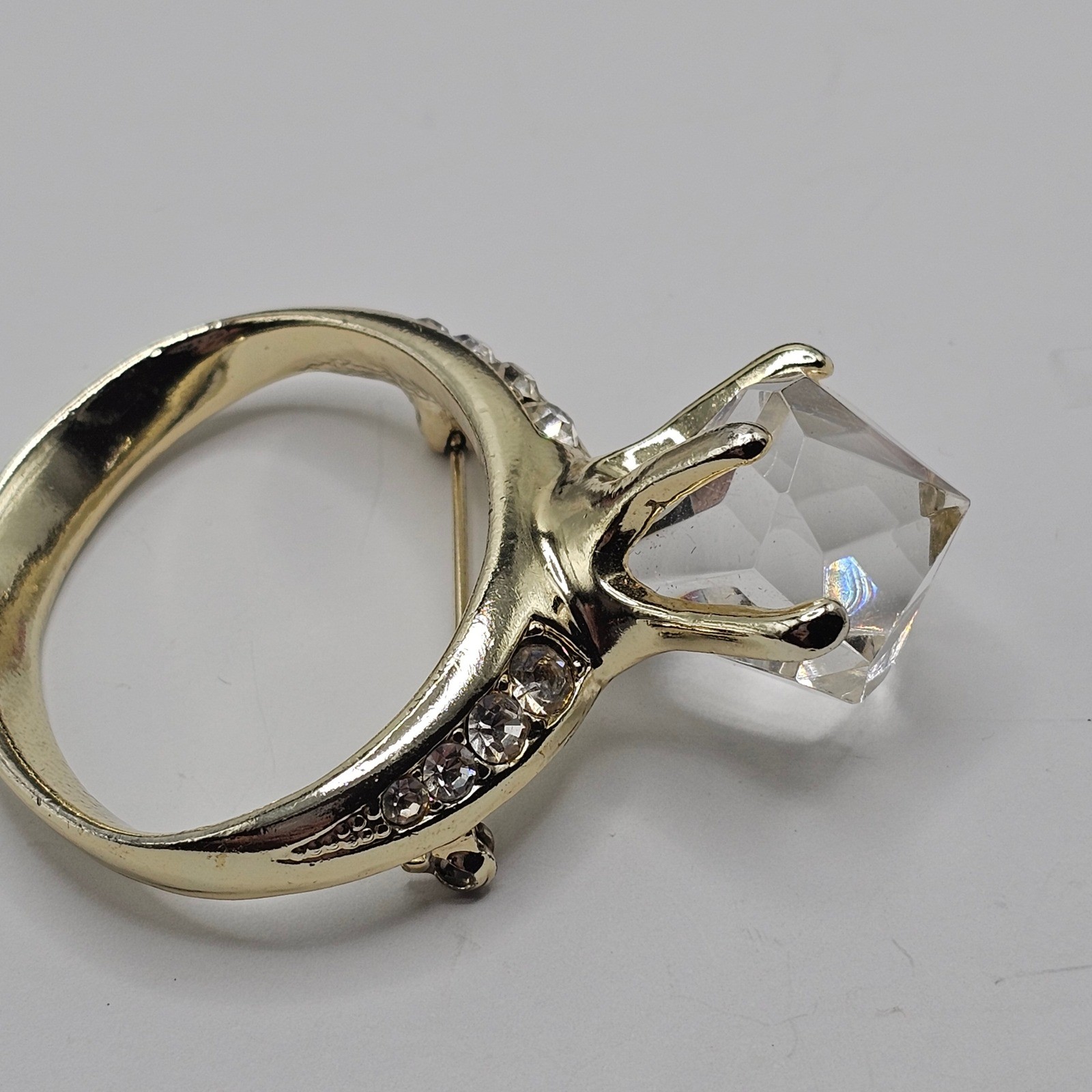Vtg AJC Sparkle Stmt Ring Brooch Gold Tone Glam Engagement Bachelorette Bling