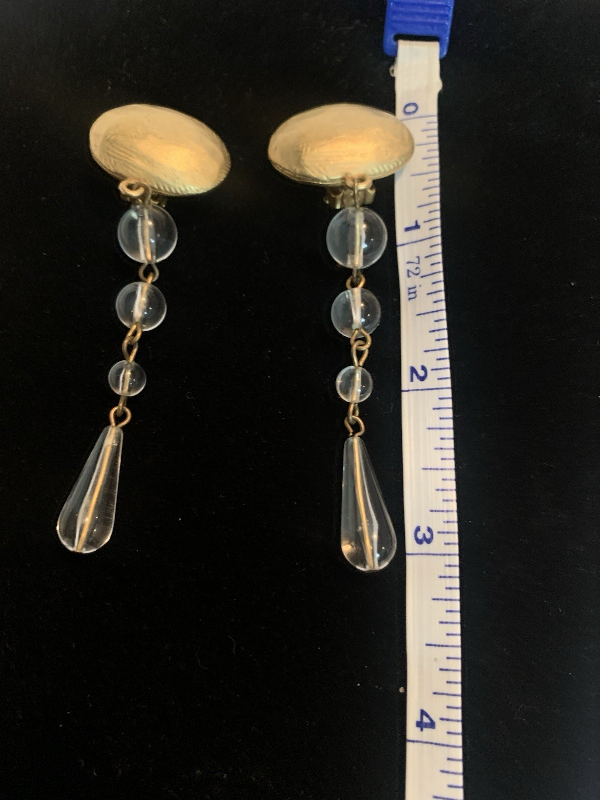 Vtg. DKNY Donna Karan Matte Gold & Clear Lucite Shoulder Duster Clipon Earrings