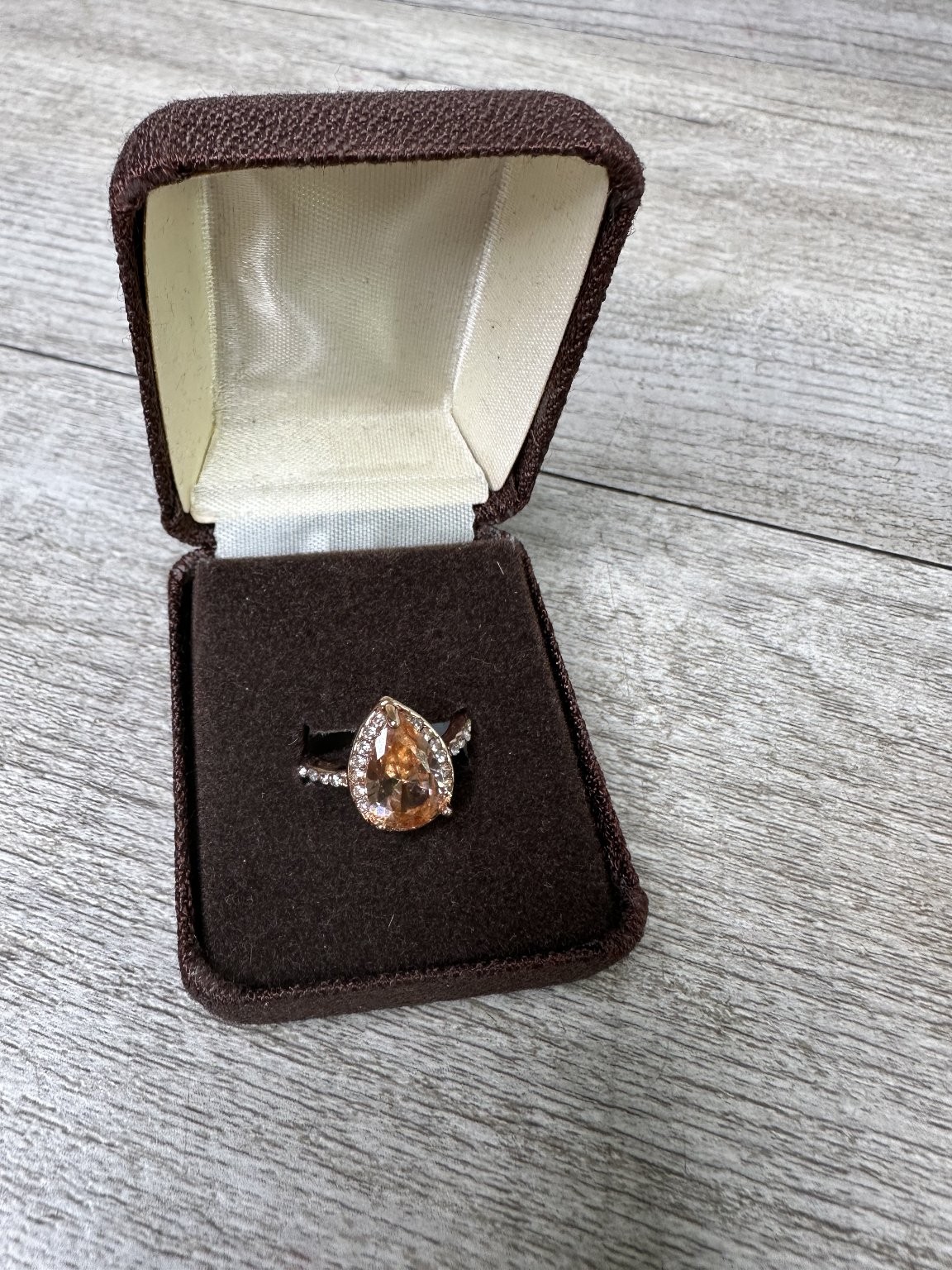 Rose Gold Tone Pear Peach Orange Solitaire Ring Size 6 Pave Accent Fashion