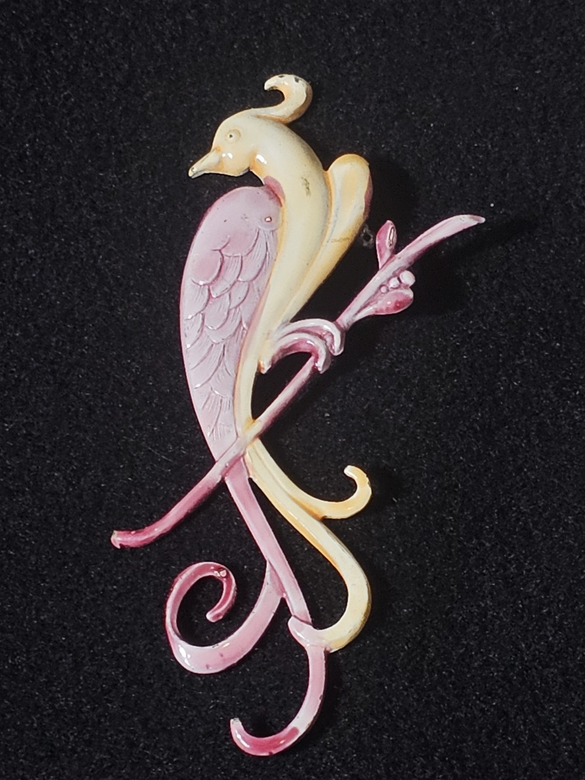 1940s Enamel Bird Brooch Large Vintage Bird Of Paradise Pot Metal Pink