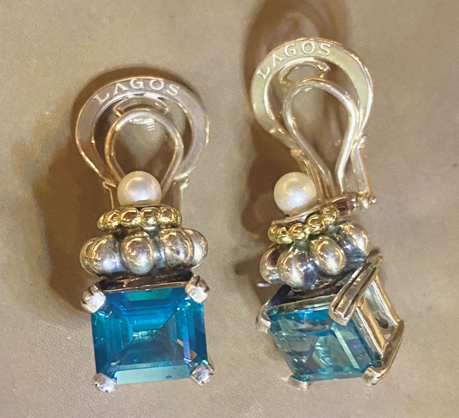 LAGOS CAVIAR Blue Topaz Sterling Silver 18k Gold Bracelet & Earrings Set