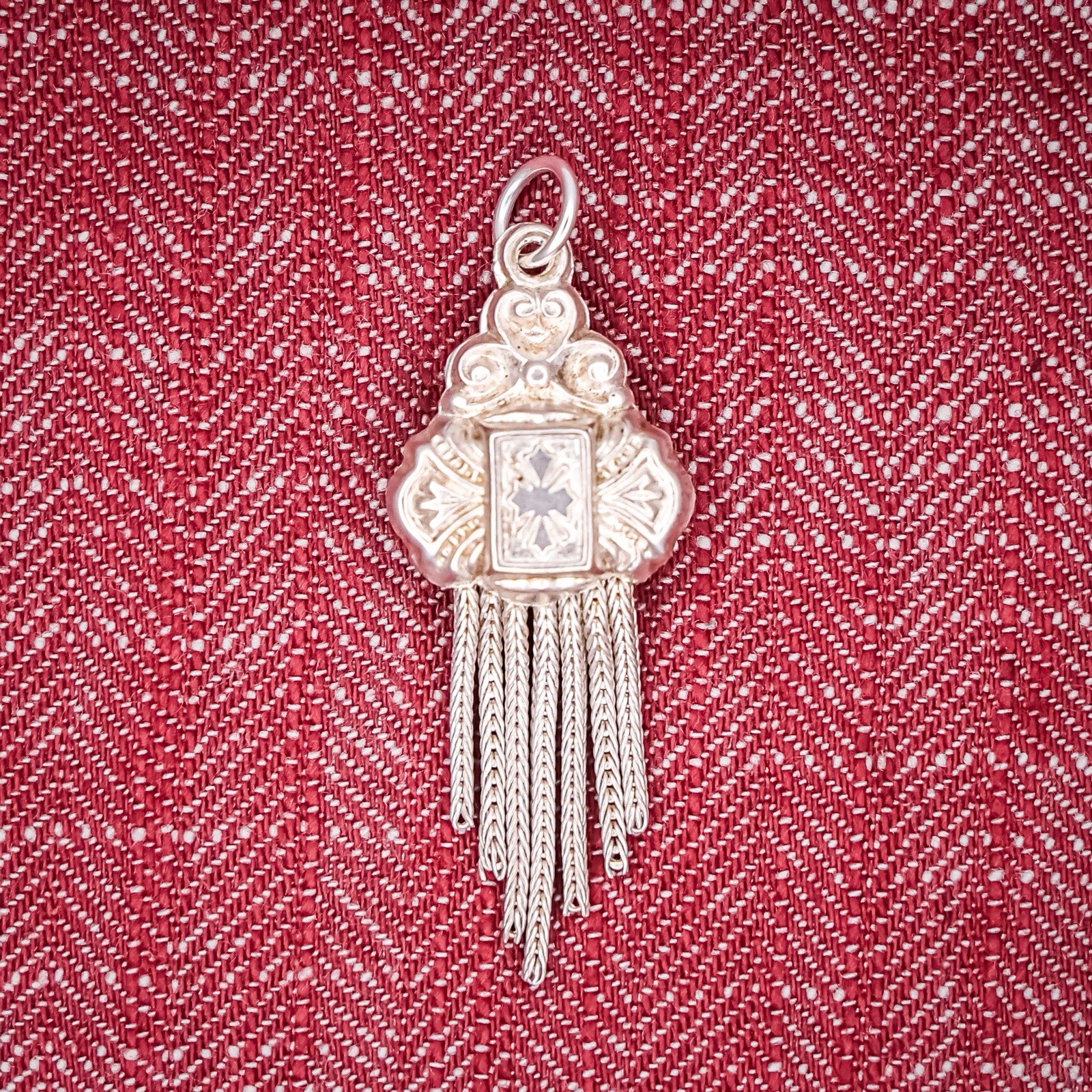 Antique French Puffy Tassel Charm Sterling Silver Die Struck Engraved 19th Cross
