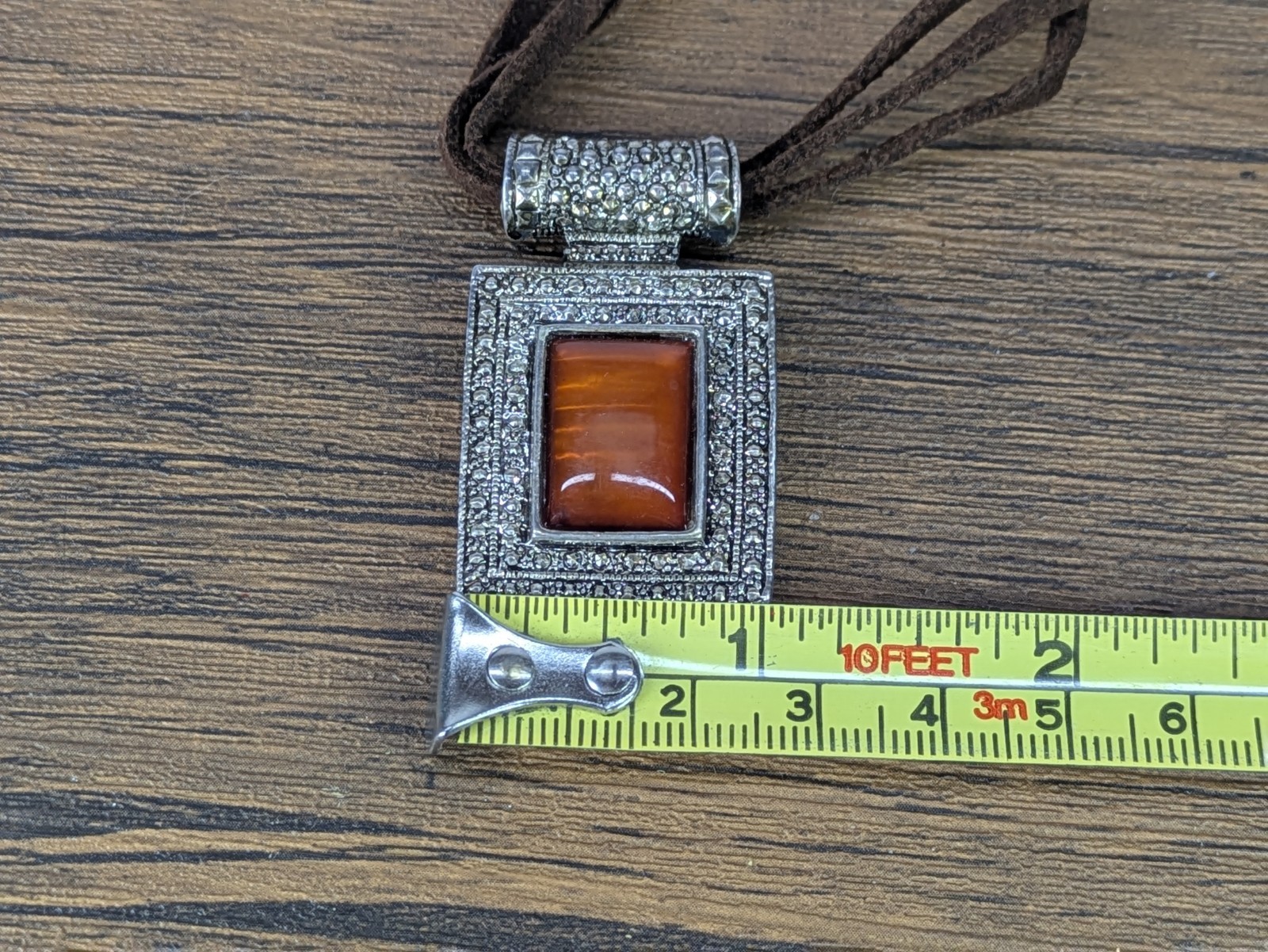 Vintage – 18″ Square Enamel Pendant Necklace, Triple Leather Stranded Chain