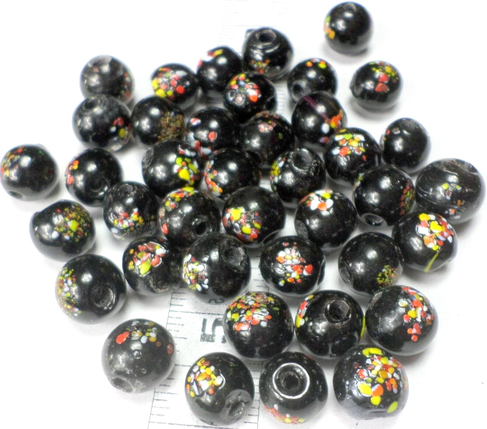 40 Yellow Red /Black Round Confetti Mosaic Glass Lampwork Beads w/4mm Hole 15mm