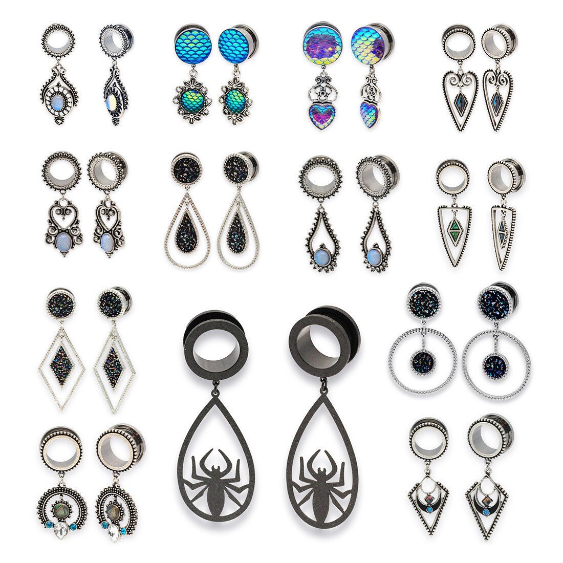 Pair of 316L Stainless Steel Plugs with Ornate Dangle tunnels dangling