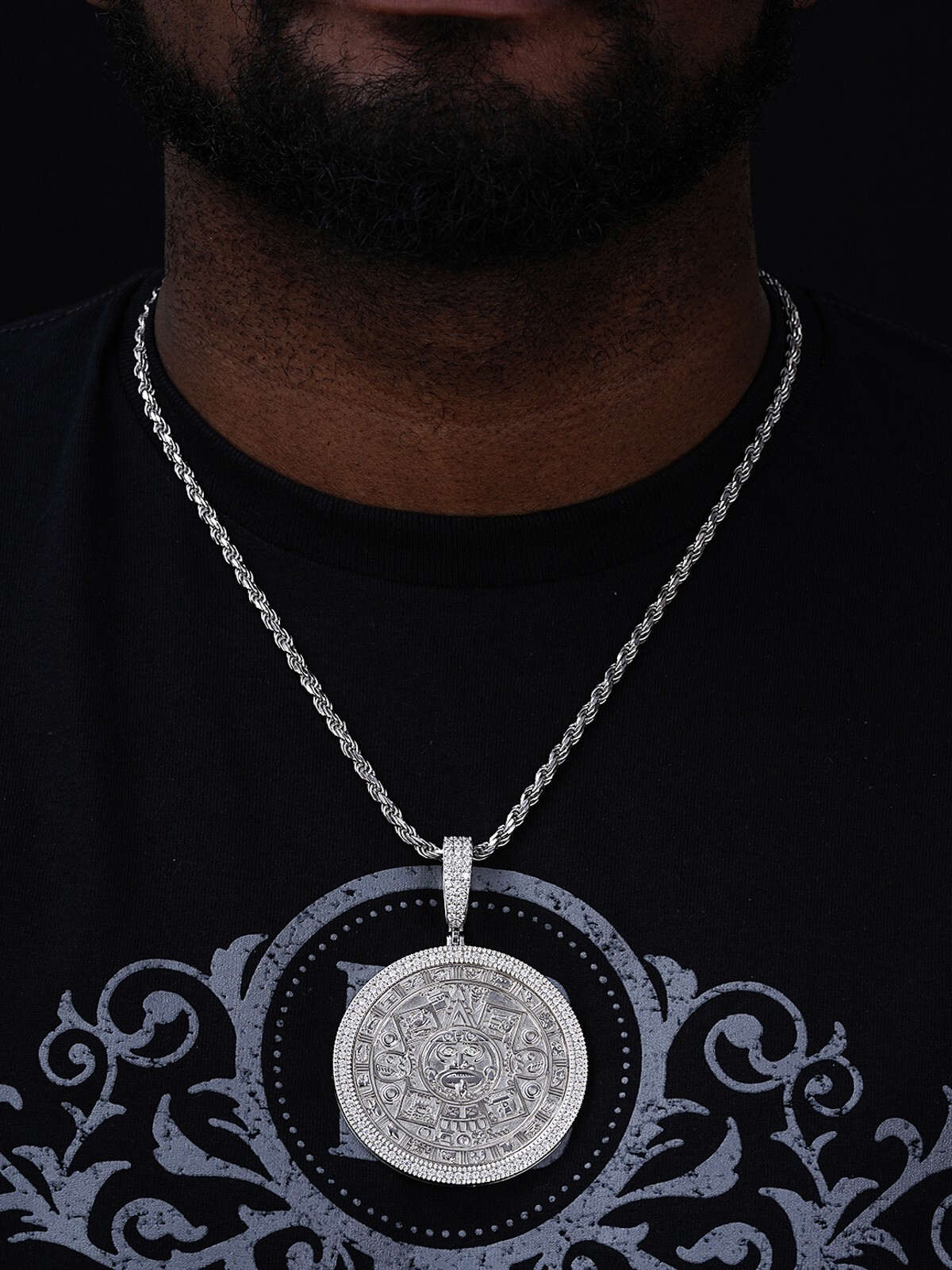 HUGE Moissanite Aztec Calendar Mayan Sun God Iced 925 Silver Pendant Necklace