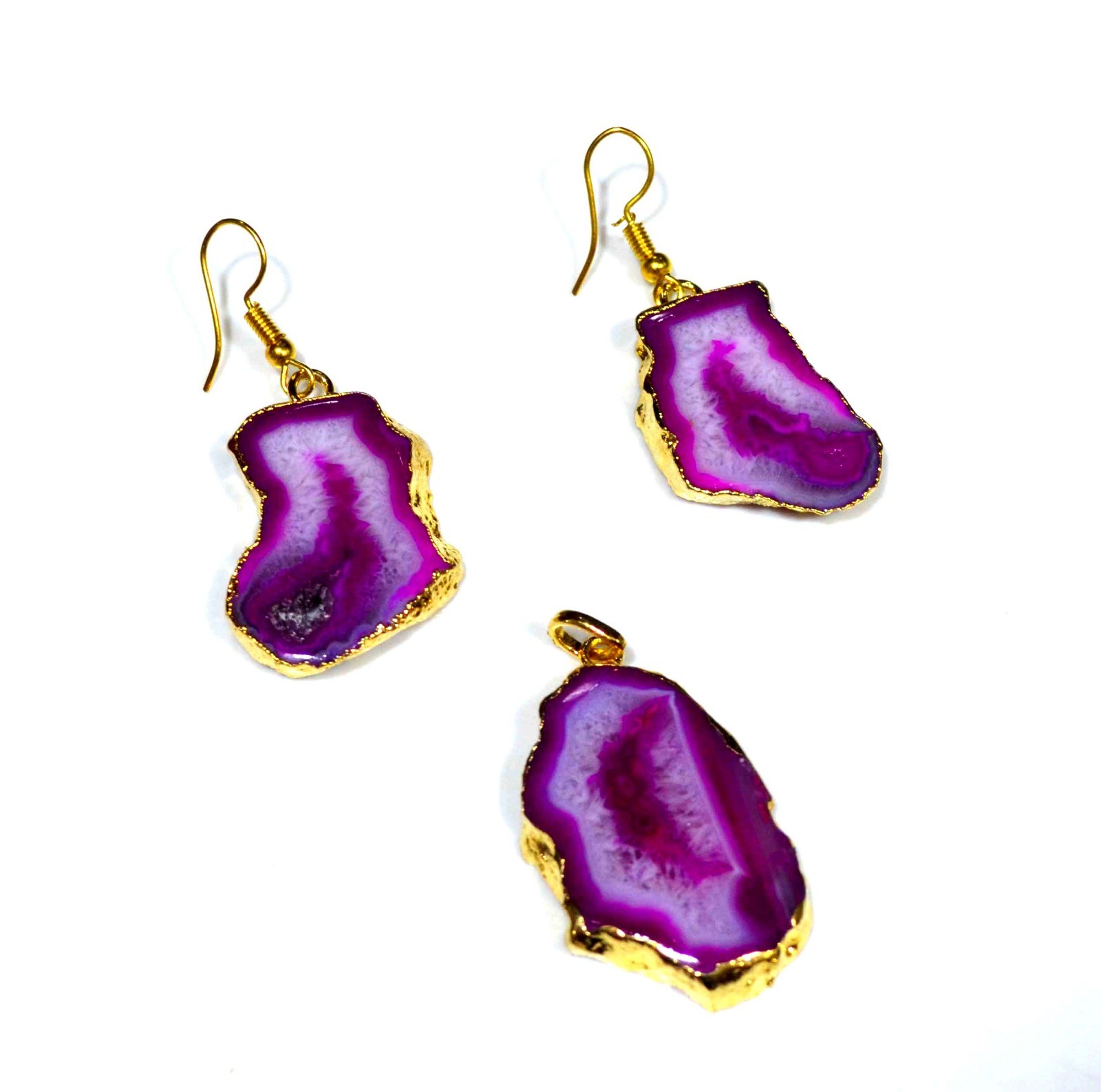 111 Ct. Gold Electro Plated Pink Agate Gemstone Pendant Earrings Set-A589