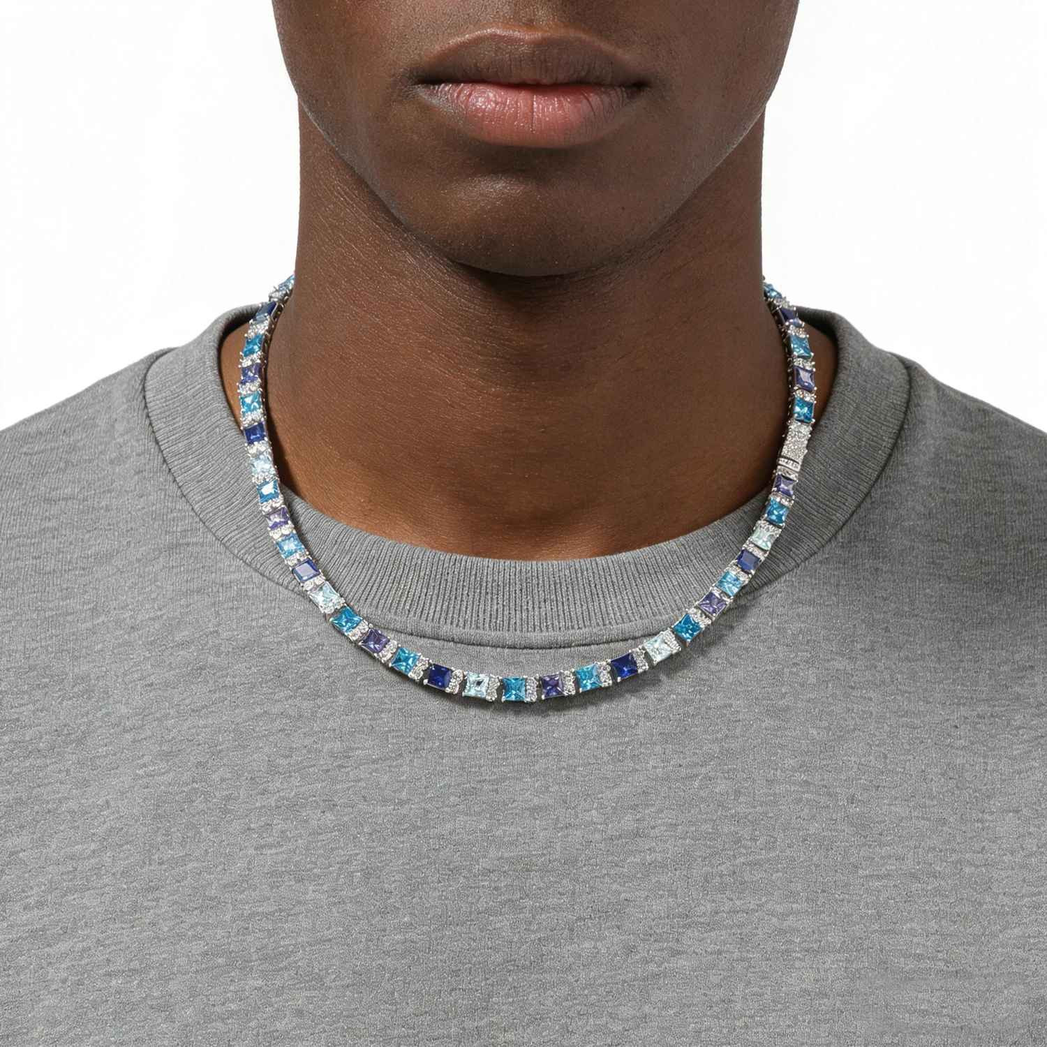 8CT Lab Created Diamond 7.5mm Gradient Blue Necklace Bracelet for Men Women