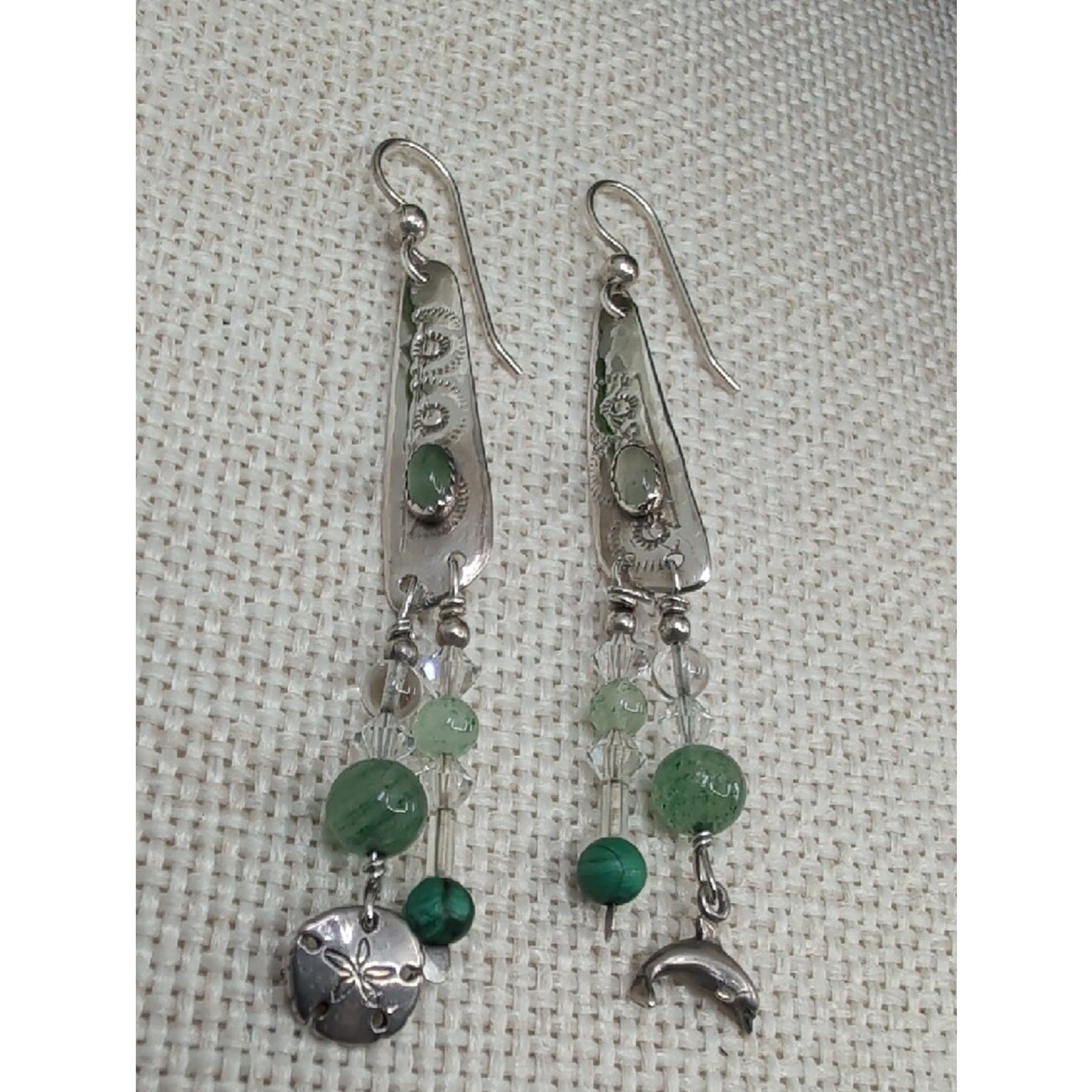 Vintage 925 Sterling Silver Green Stone Dolphin Sand Dollar Dangle Earrings