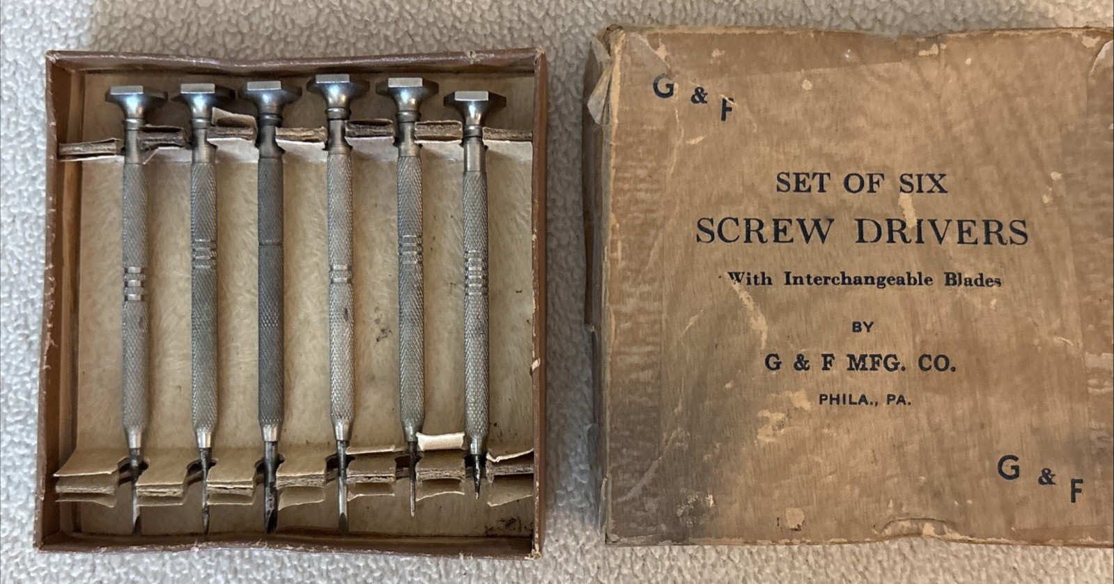 Vintage G&F Mfg. Co. Watchmakers Screwdriver Set of 6 in Orig Box Phila PA