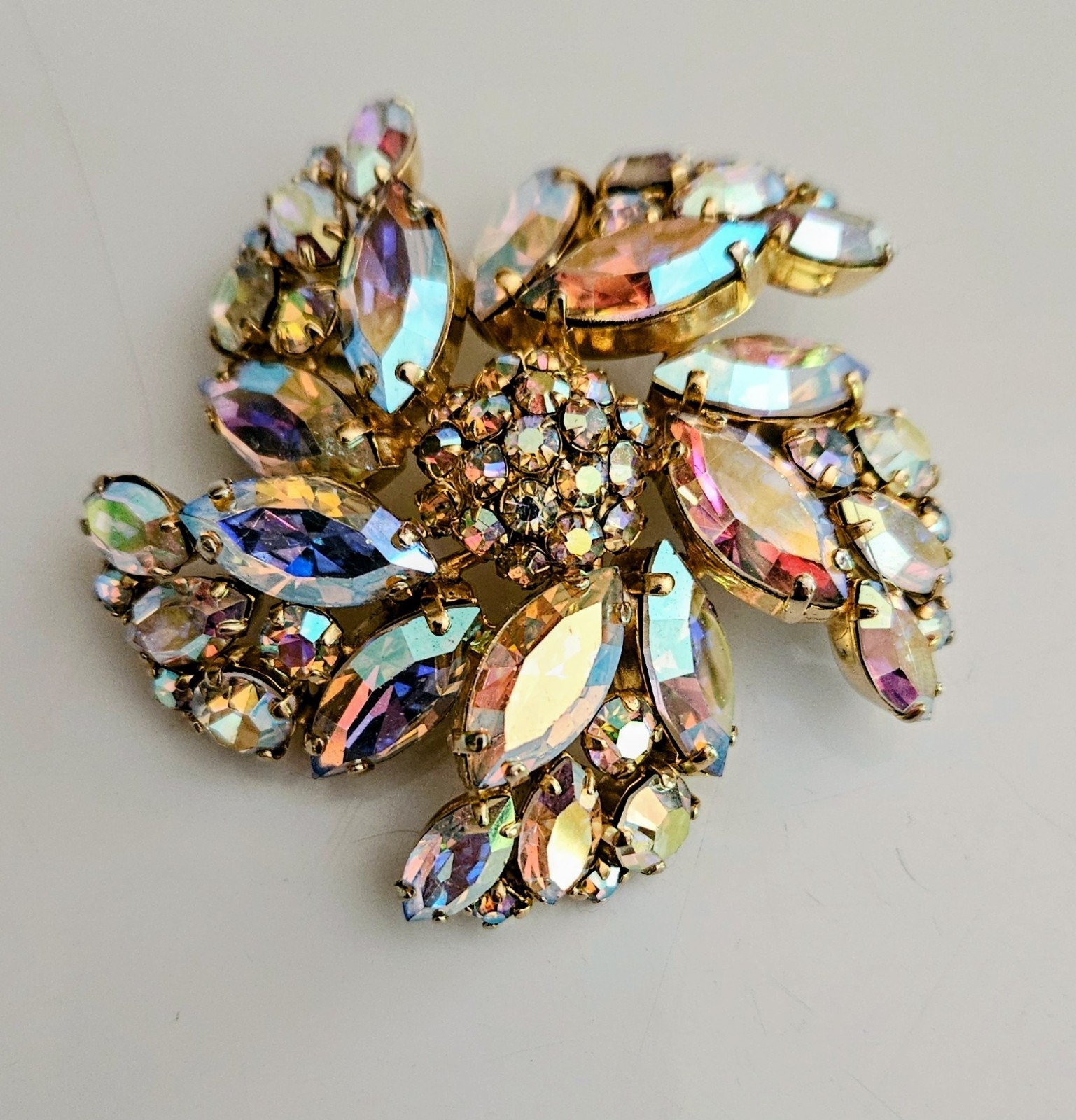 Sherman Aurora Borealis crystal 2″ Brooch signed vintage