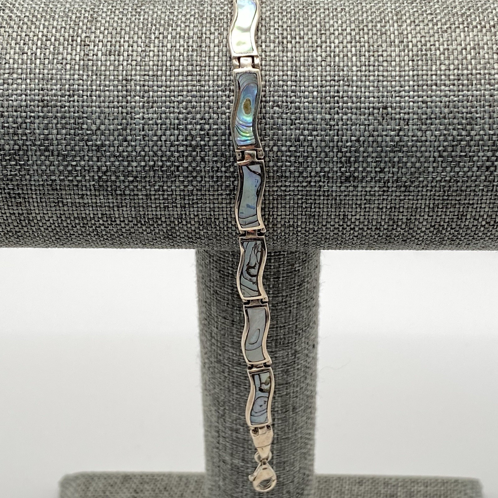 925 Sterling Silver Bracelet Blue Green Abalone Shell Inlay Wavy Link Vtg 7.25”
