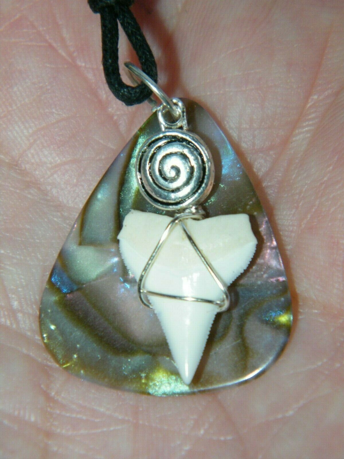 SHARK Fossil Tooth Necklace Real Teeth Faux Abalone Sea Shell 16″-28″ Cord NEW!