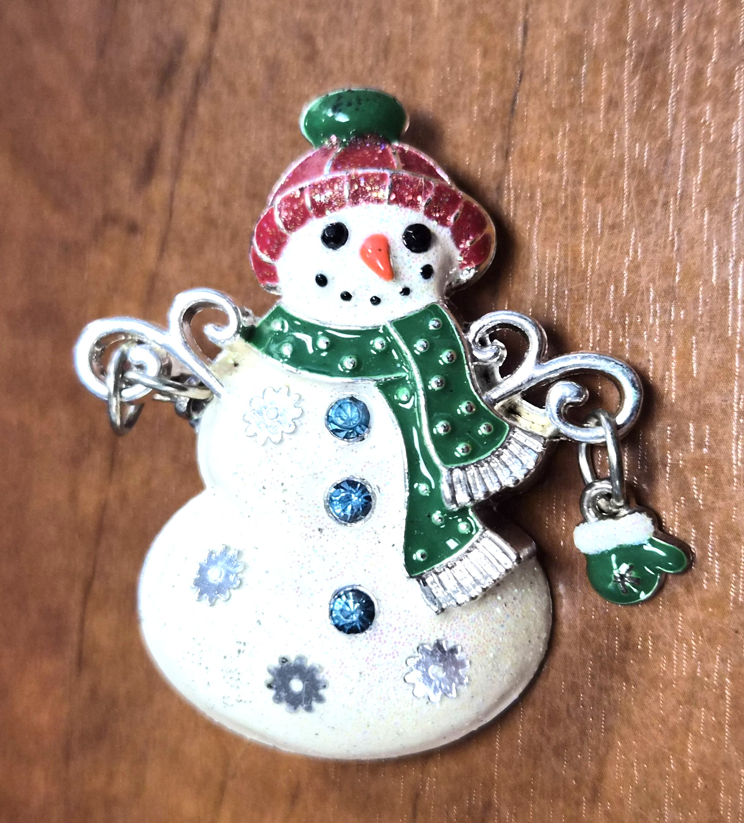 Vintage 90’s Christmas Rhinestone & Enamel Snowman Holding Charms Pin / Brooch