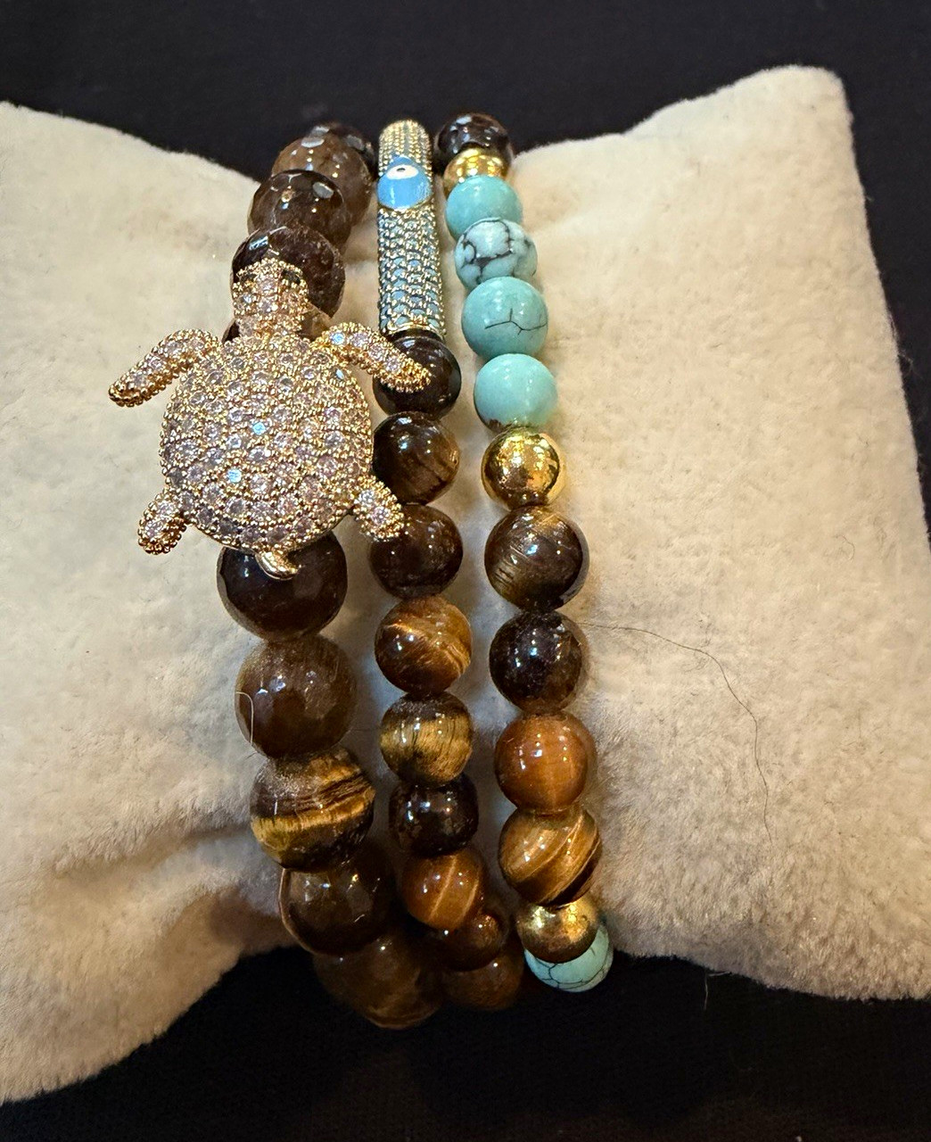 Tiger’s Eye Beaded Bracelet Set w/ Turtle Dangle Charm, Turquoise Beads