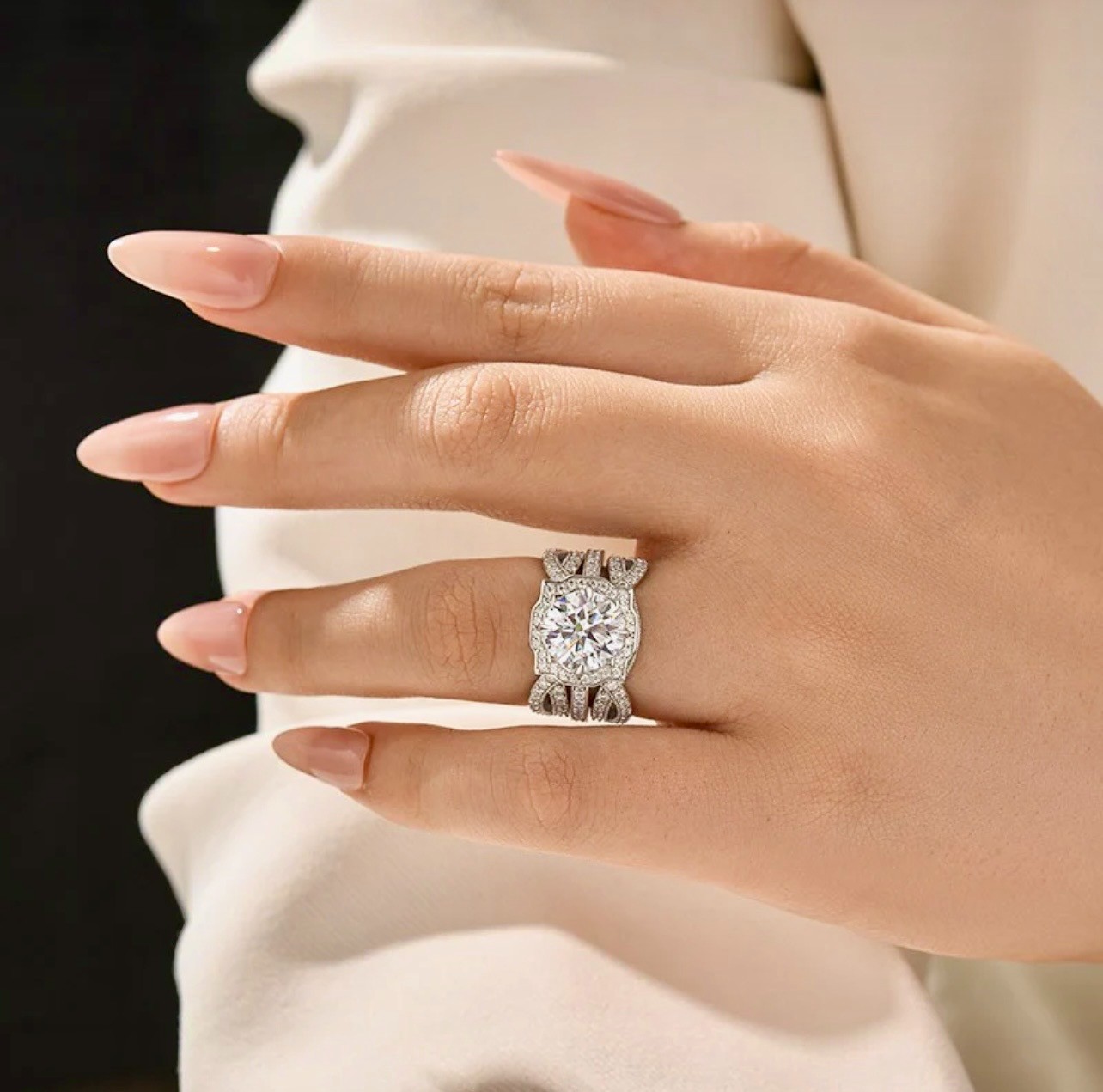 3.0Ct Halo Round Moissanite White Gold Engagement Ring & 1.65Ct Band Set Wedding
