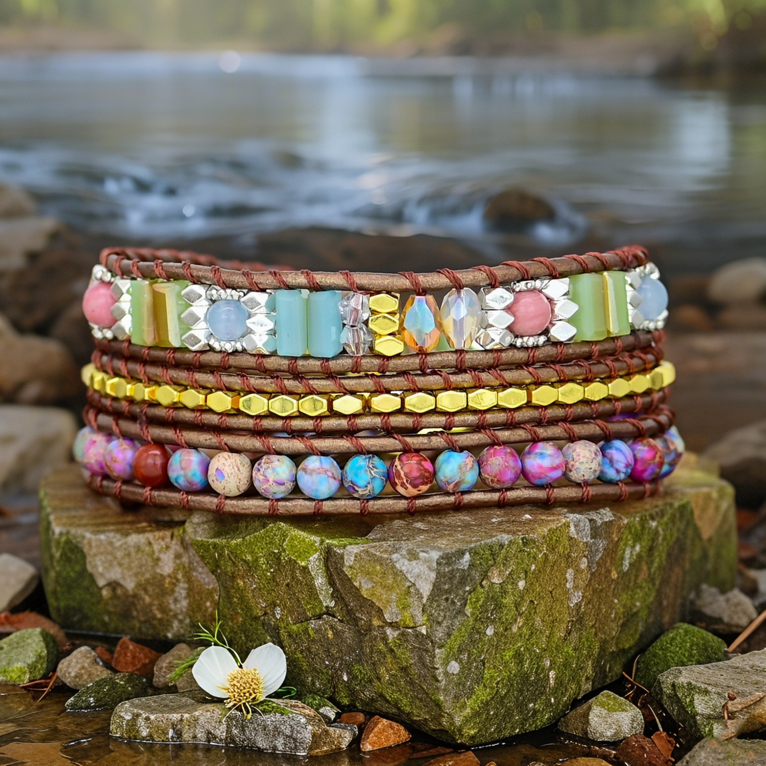 Natural Sea Sediment Jasper Leather Wrap Bracelet Handmade Beaded Cord Women’s