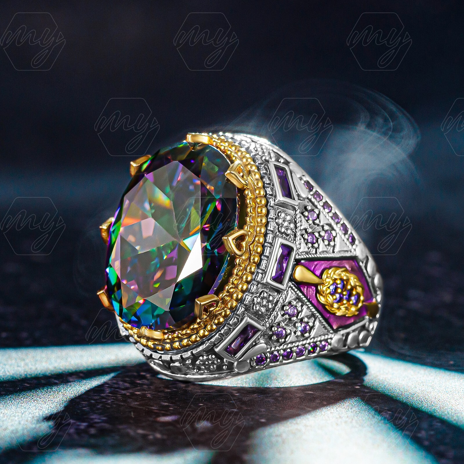 925 Sterling Silver Mystic Topaz Stone Turkish Handmade Men’s Ring