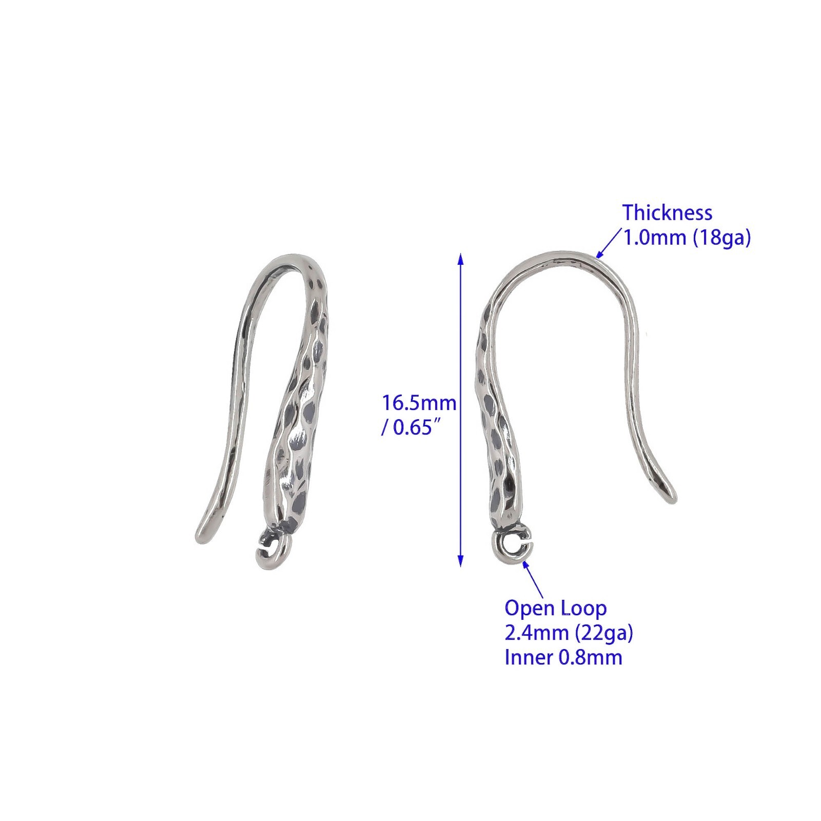 Sterling Silver Hammered French Earrings Hook Ear Wire Connector #51165