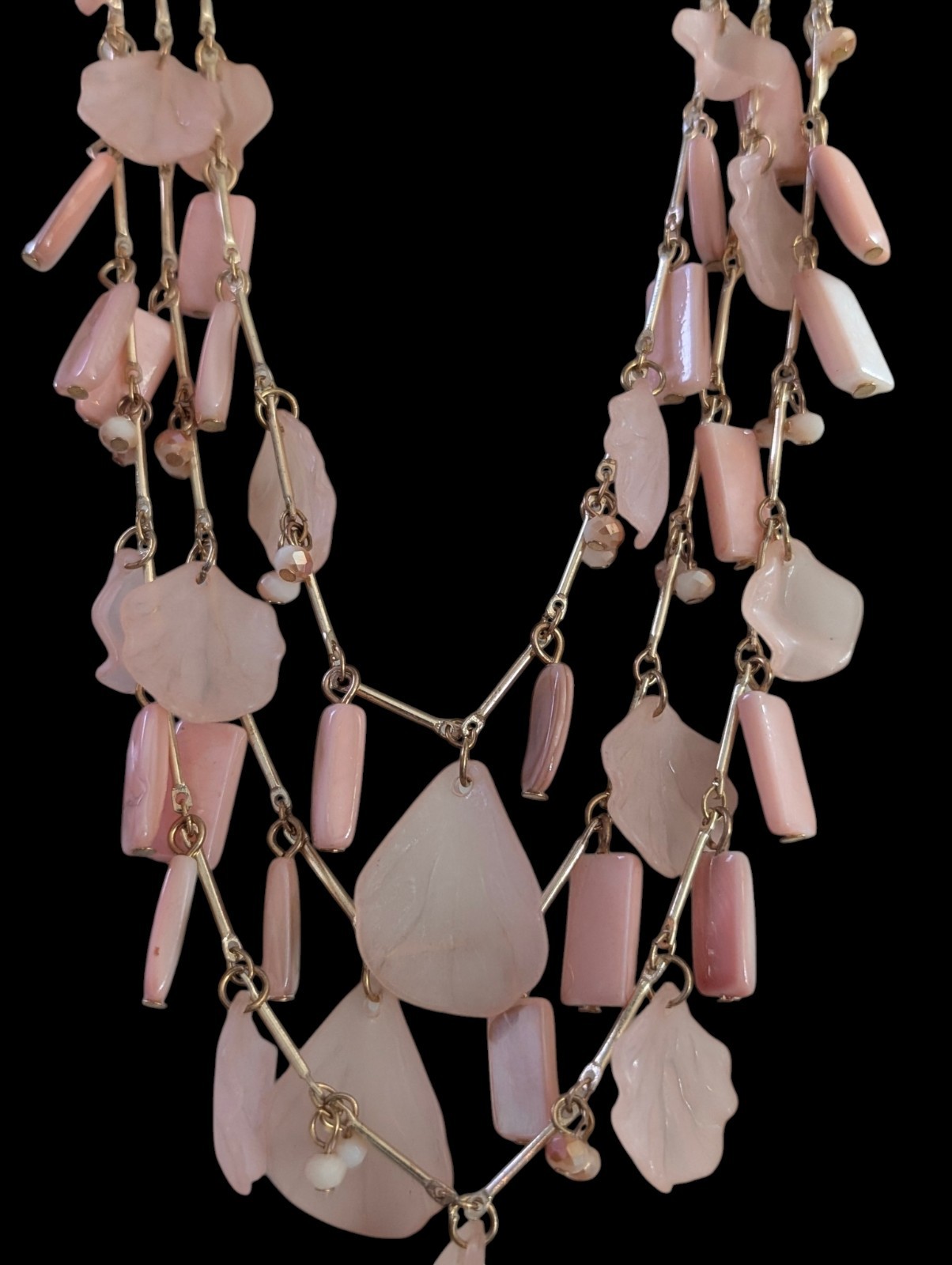 Multi Strand Pink Petal Shell Cascade Necklace Gold Tone Layered Waterfall Bib