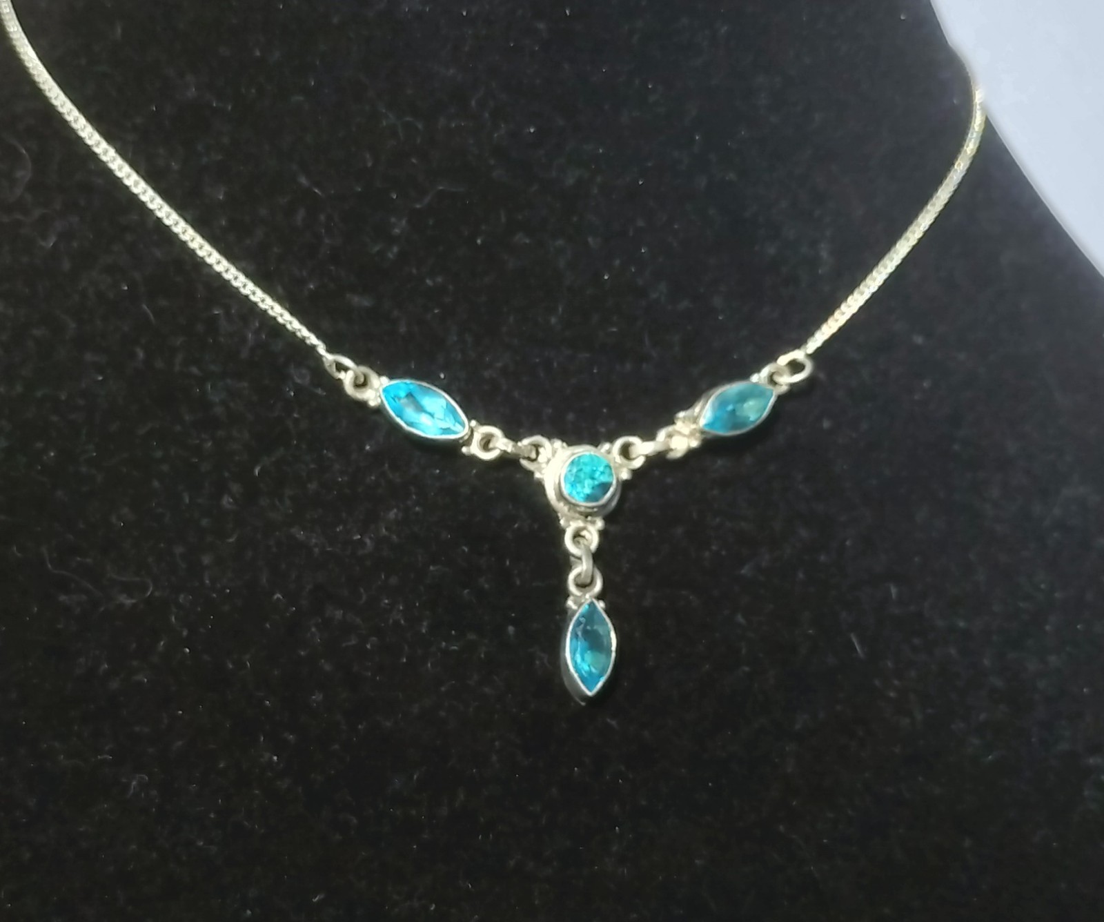 Vintage Handmade 4x Blue Topaz Y-Drop Silver Pendant On Silver Chain 36cm 6.7g