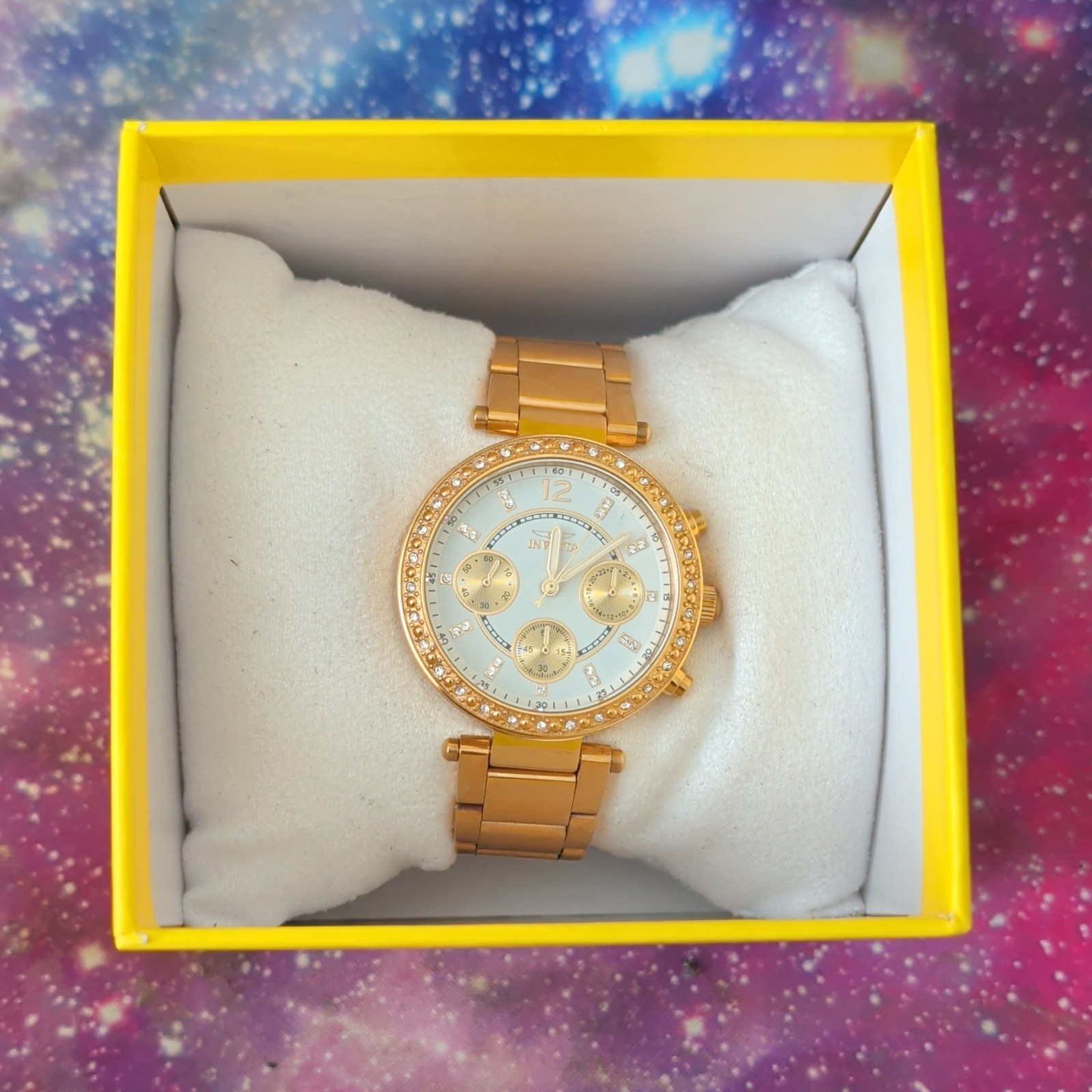Invicta Women’s Quartz Chronograph Gold Tone Bracelet Watch Gem-Set Bezel